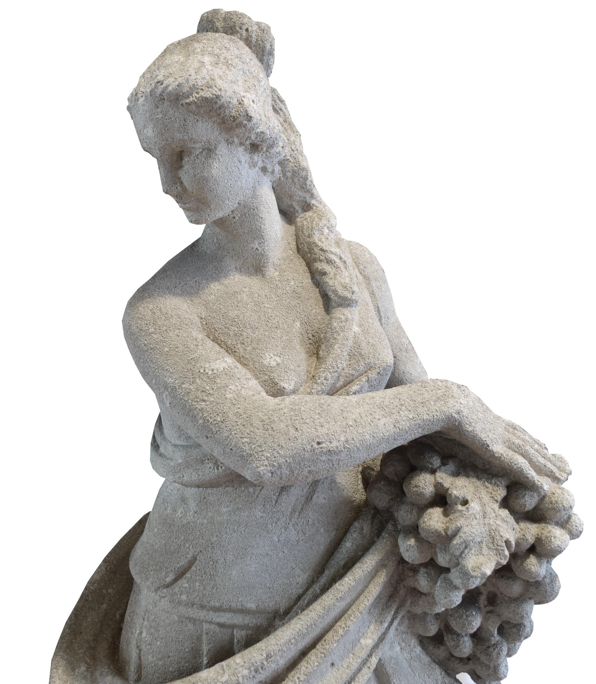 A Set of Four Carved Stone Statues Allegorical of the Seasons 14.5" W x 11" D x 35" H, 14.5" x 11" x 36", 13" x 11" x 35.25", 14" x 11. — Italian, Circa 1870