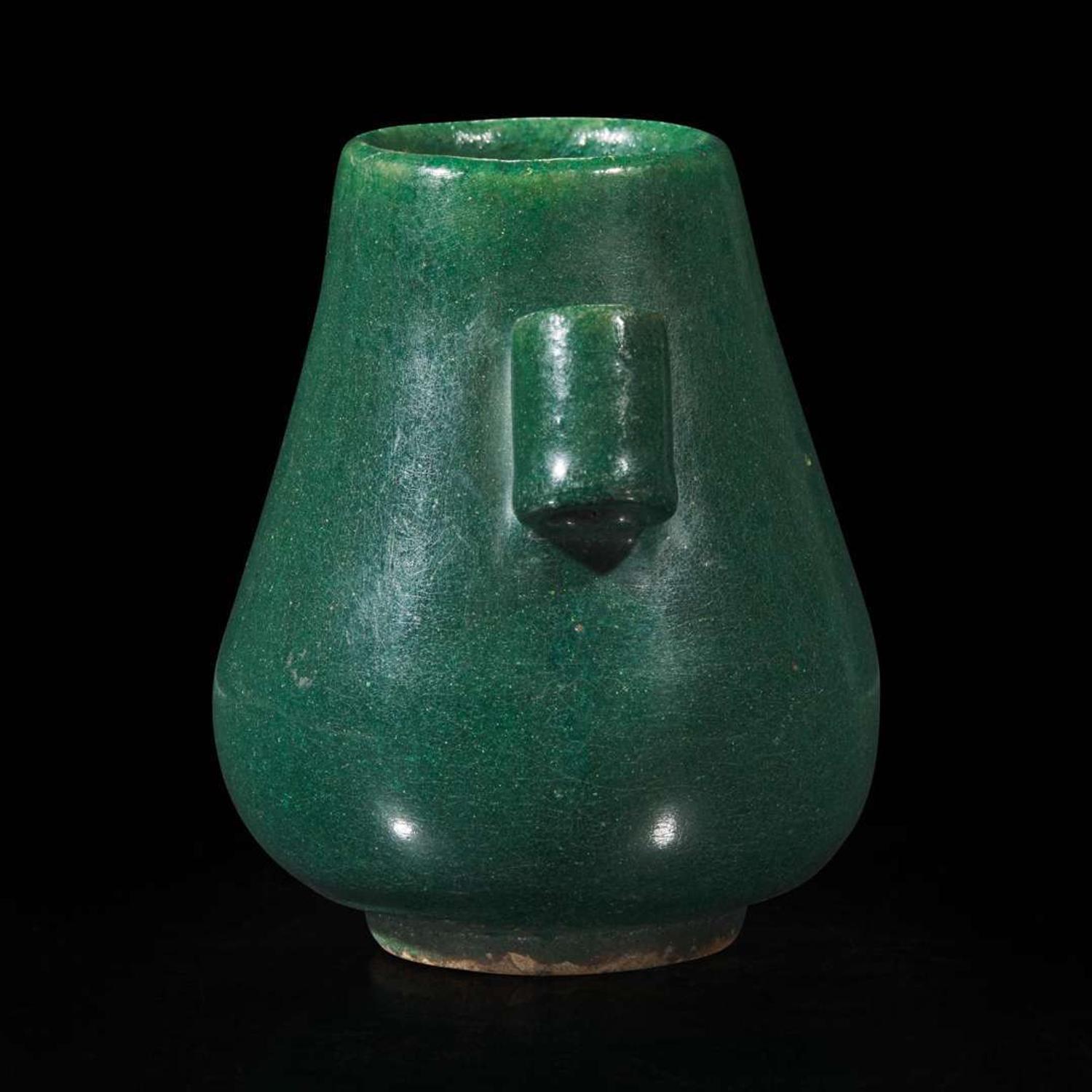 A small Chinese green-glazed Hu-form vase 袖珍绿釉壶式瓶 Molded six-character Qianlong seal mark ???????