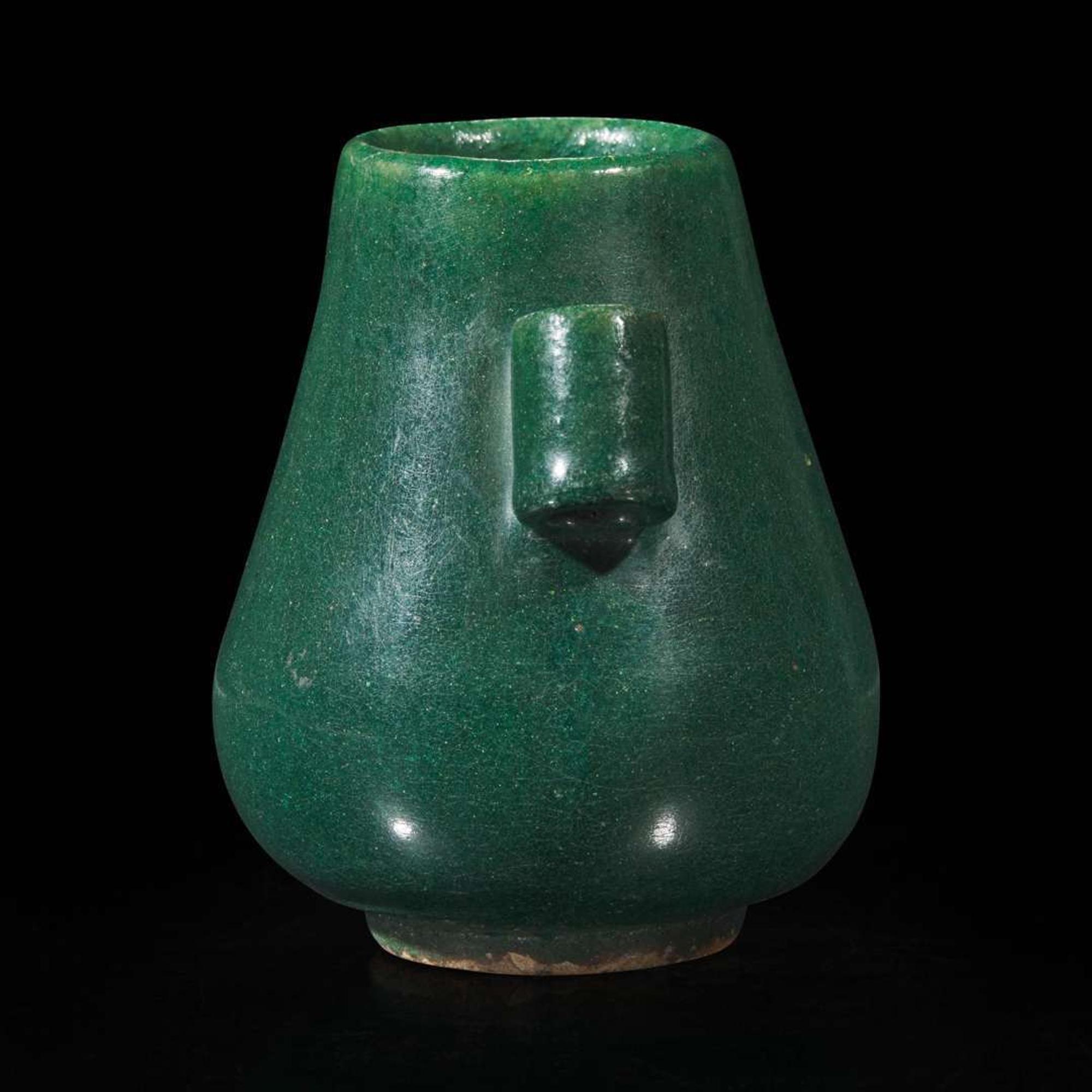 A small Chinese green-glazed Hu-form vase 袖珍绿釉壶式瓶 Molded six-character Qianlong seal mark ???????
