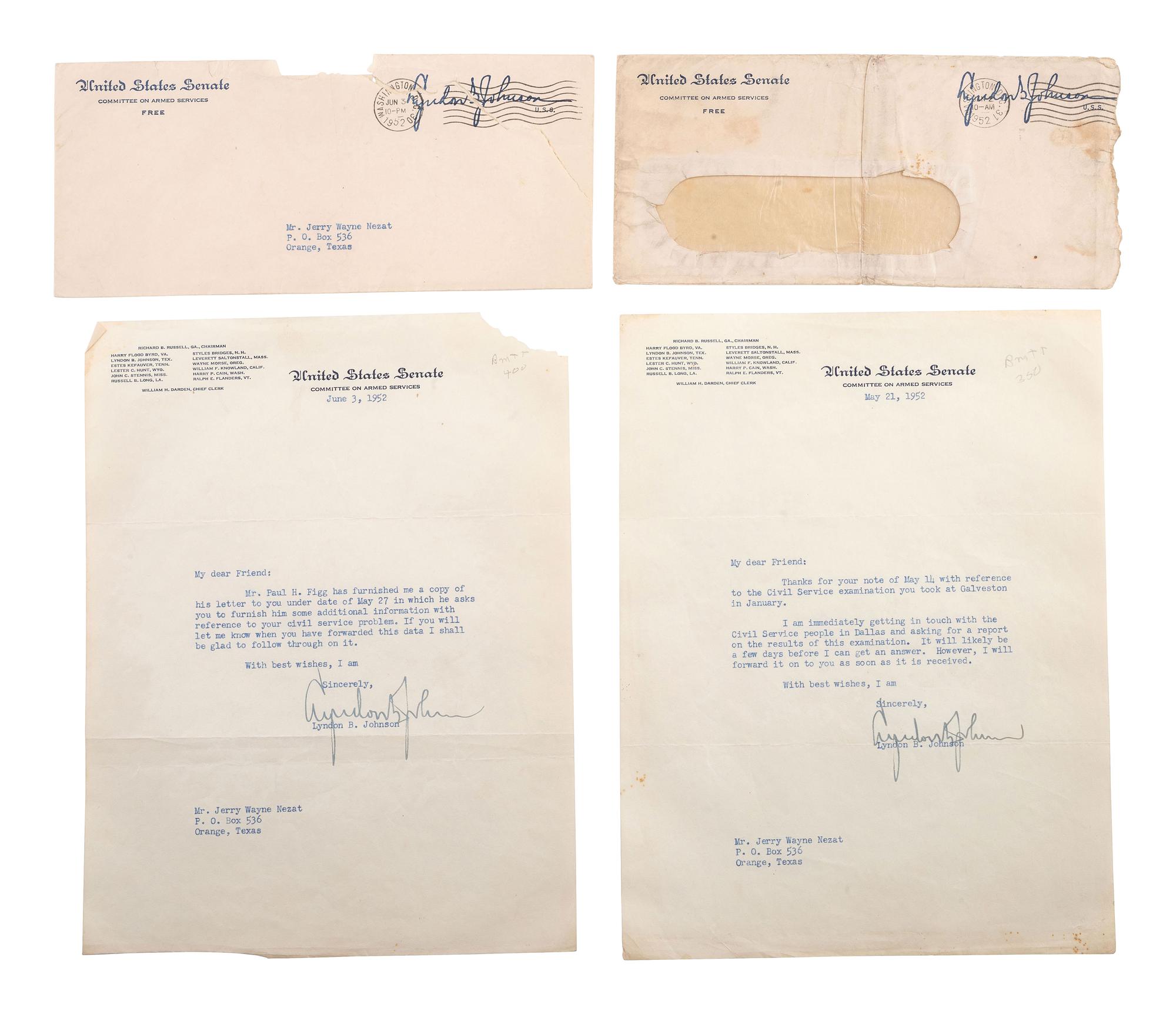 JOHNSON, Lyndon B. (1908-1973). Letters signed ("Lyndon B. Johnson"), most as Senate Majority Whip.