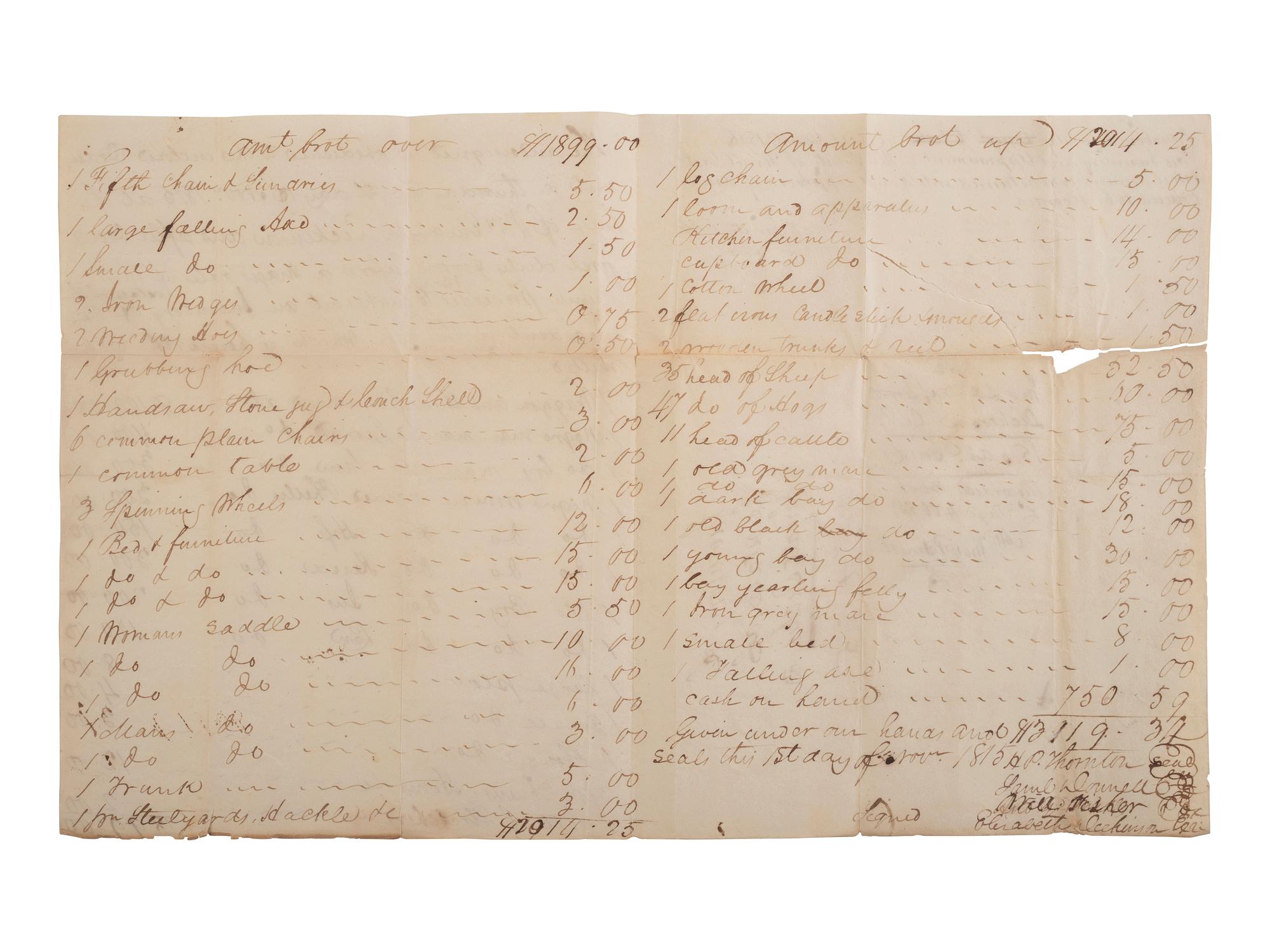 [ENSLAVEMENT & ABOLITION]. A group of 6 estate documents listing individual enslaved persons, most by name. Bourbon County, KY, 1815-1829.