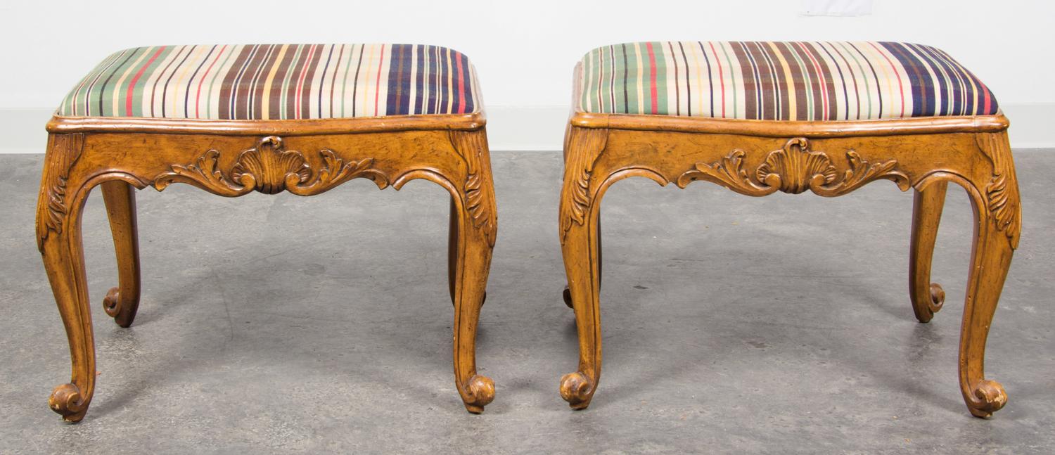 A Pair of Louis XV Style Walnut Stools Height 17 1/2 x width 22 1/2 x depth 17 1/4 inches. — 20TH CENTURY