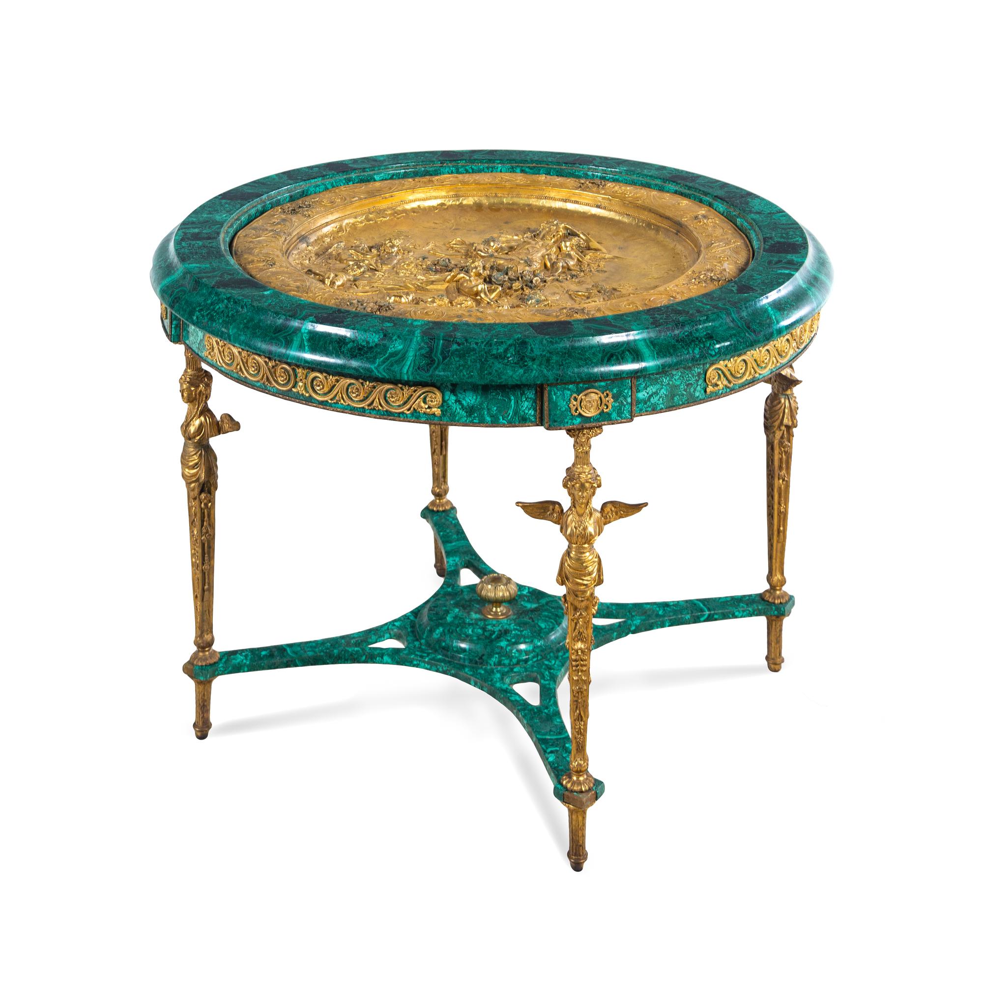 An Empire Style Gilt Bronze Mounted and Malachite Veneered Low Center Table