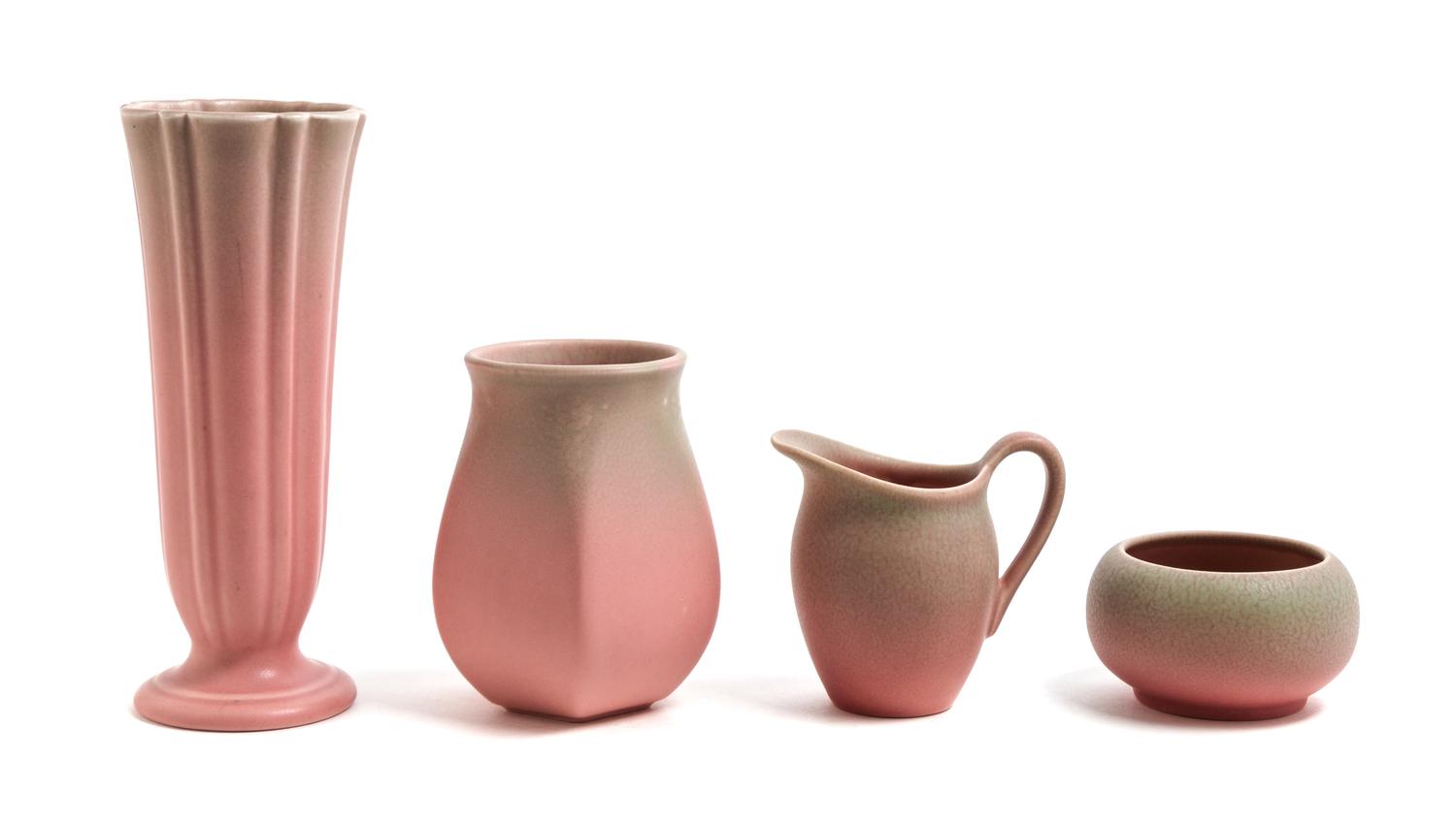 Four Rookwood Production Pottery Articles Height of tallest 7 3/8 inches. — TWO 1923 AND TWO 1928