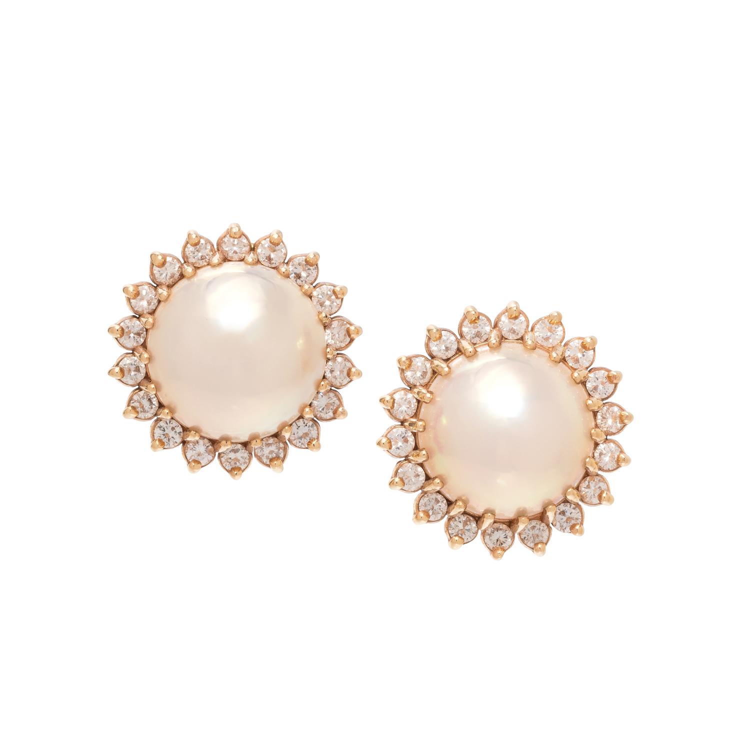 CULTURED MABE PEARL AND DIAMOND EARCLIPS