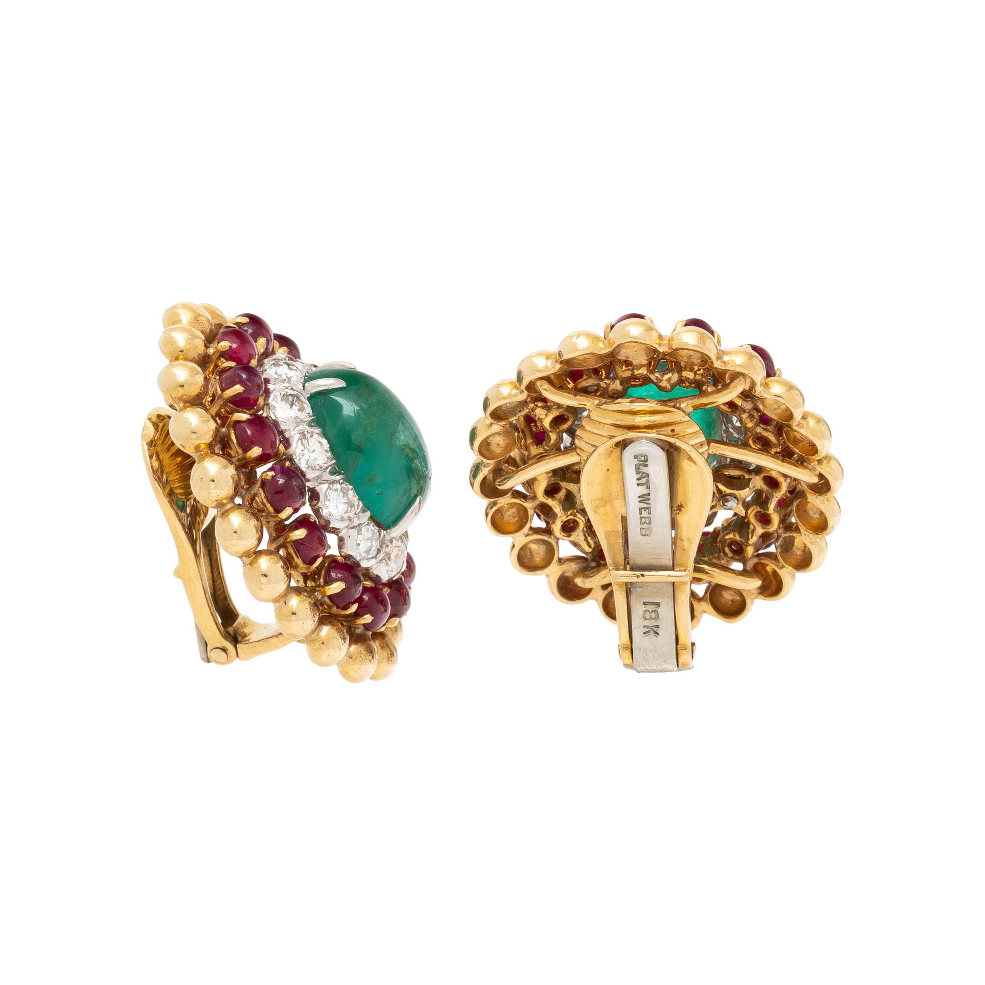 DAVID WEBB, YELLOW GOLD, EMERALD, RUBY, AND DIAMOND EARRINGS