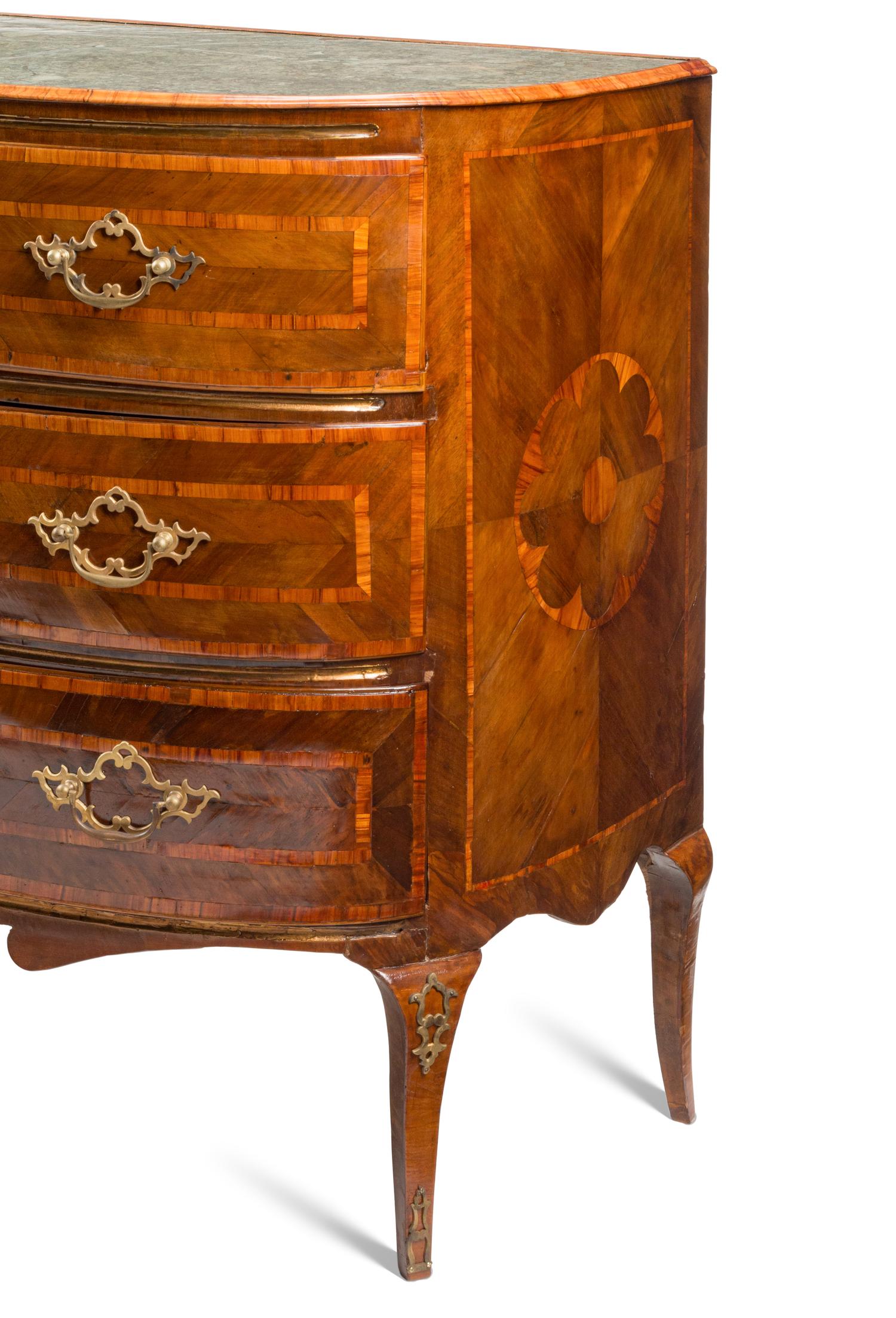 A Continental Walnut, Marquetry and Scagliola-Inset Commode
