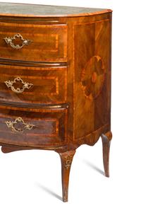 A Continental Walnut, Marquetry and Scagliola-Inset Commode