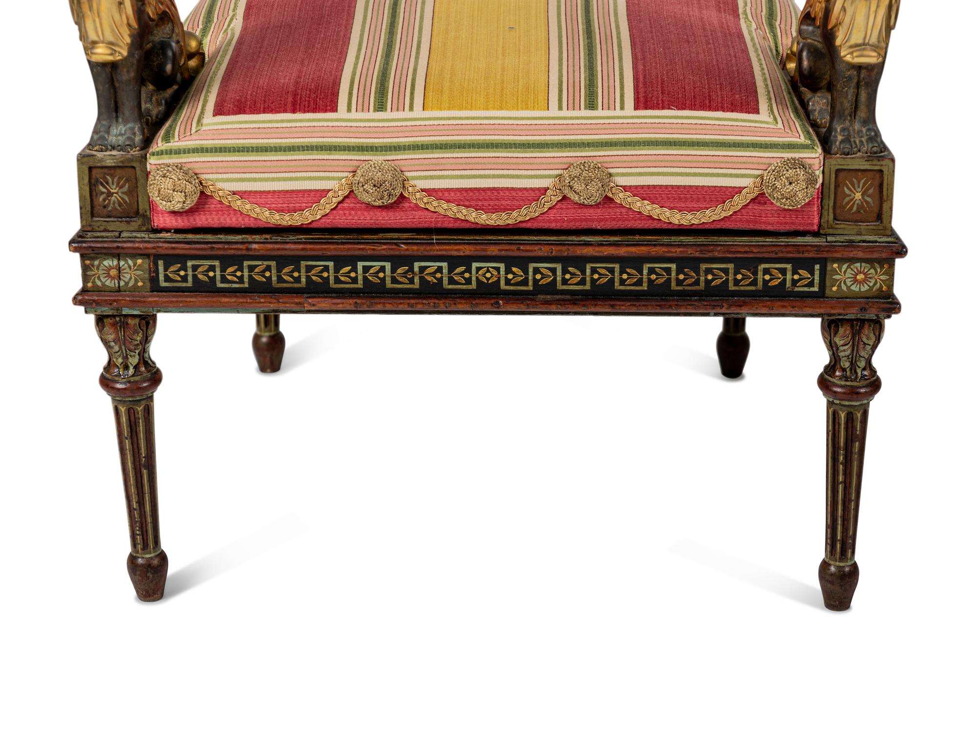 A Pair of North Italian Neoclassical Bronze Mounted Polychrome Painted Armchairs