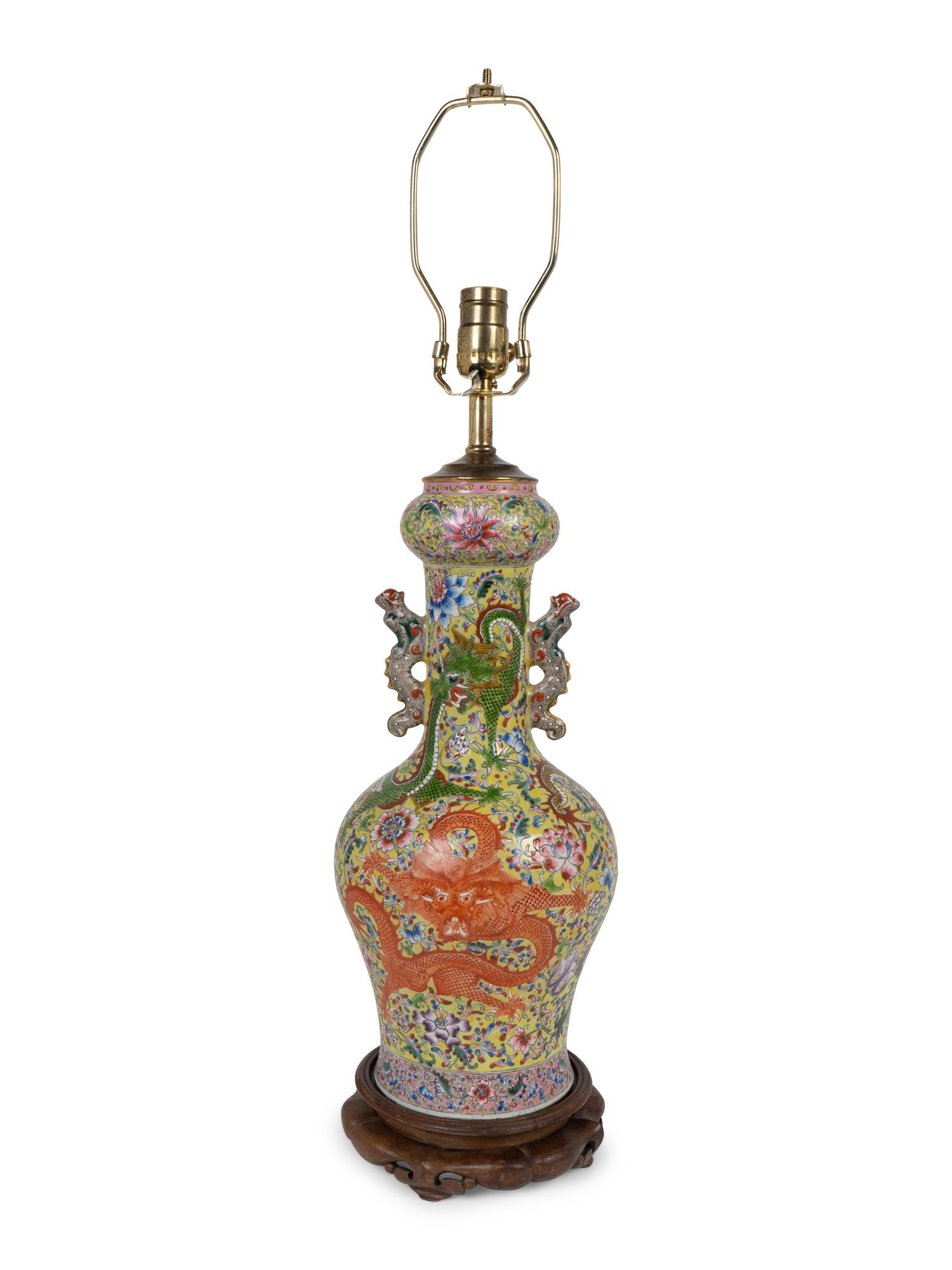 A Chinese Export Famille Jaune Porcelain Dragon Vase Mounted as a Lamp — 19TH/20TH CENTURY