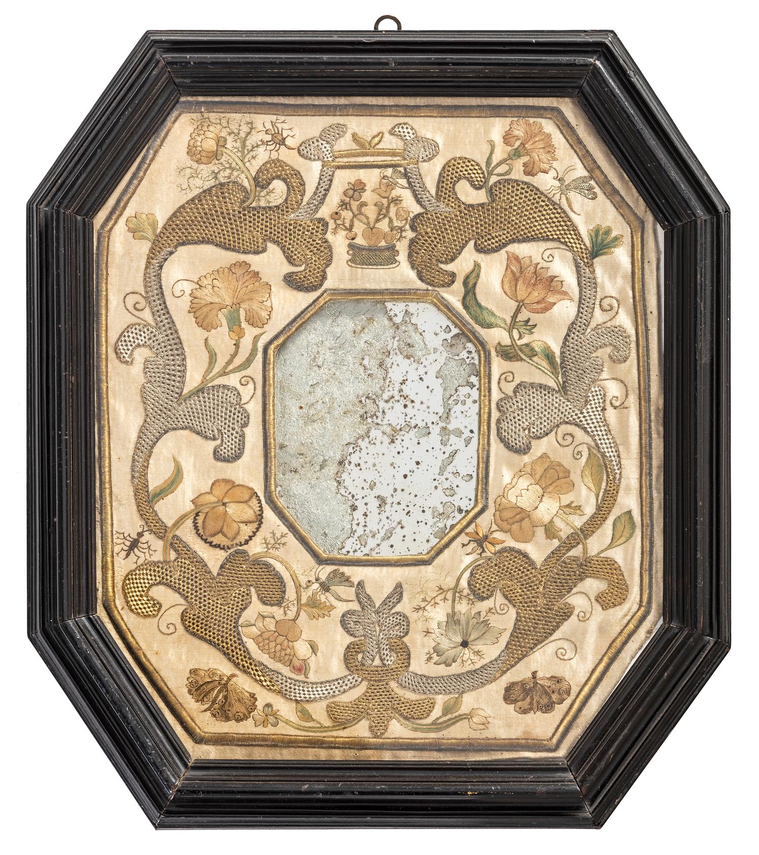 An English Metallic Stumpwork Embroidered Framed Mirror