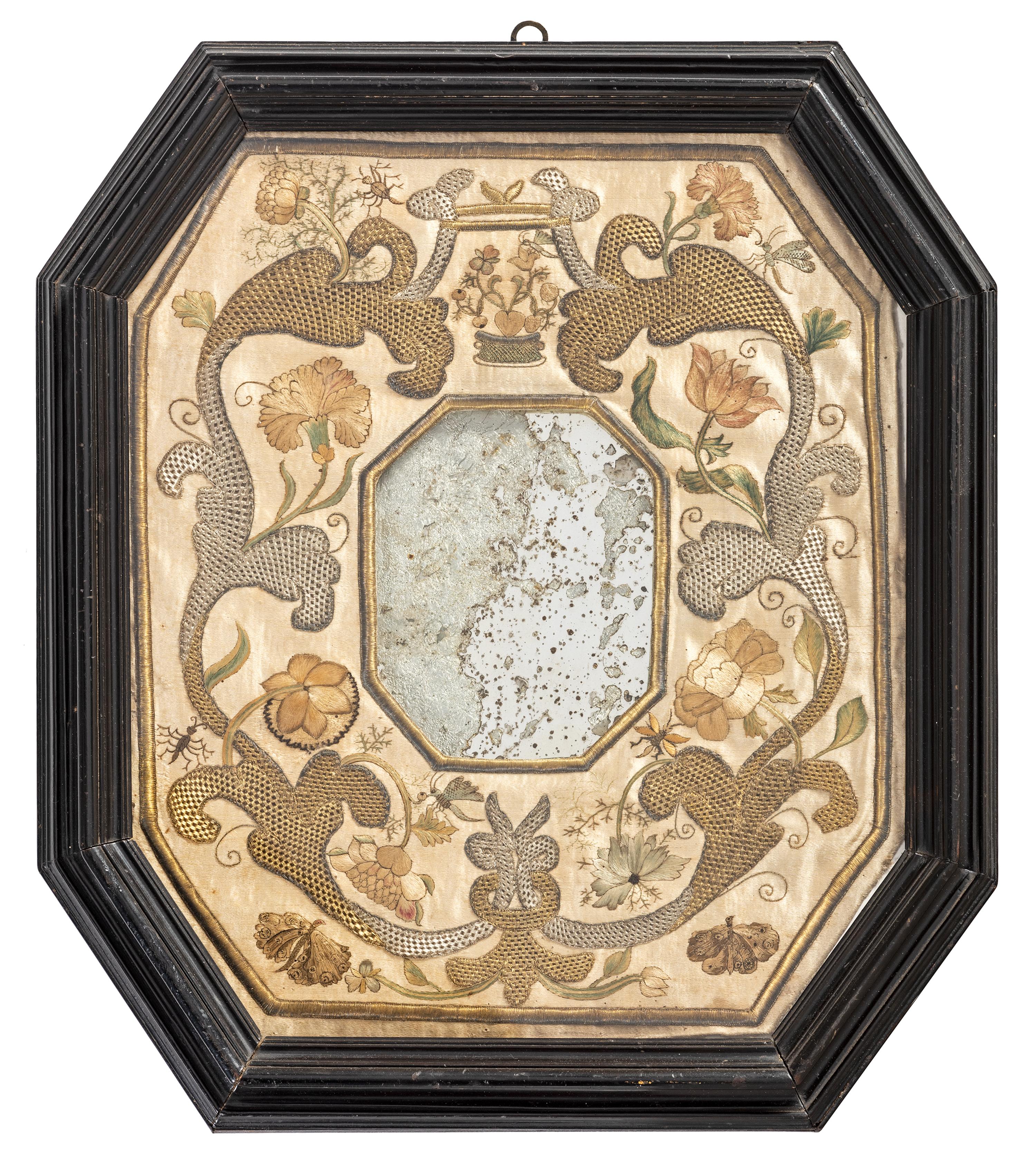 An English Metallic Stumpwork Embroidered Framed Mirror