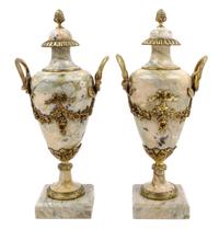 A Pair of Neoclassical Style Gilt Bronze Mounted Marble Urns Height 20 3/8 inches.