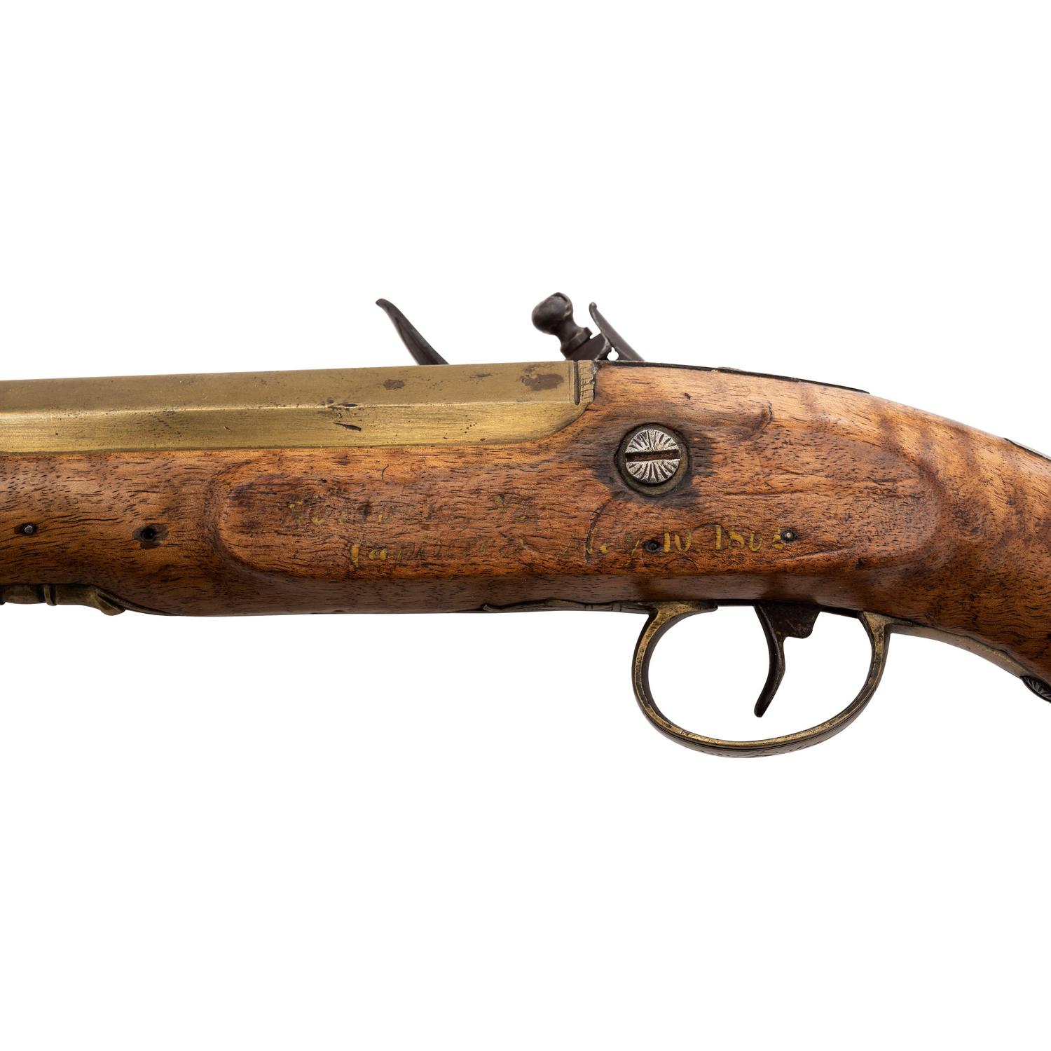 Brass Barreled Flintlock Trade Pistol Retailed by A.W. Spies with a Norfolk VA Capture Inscription