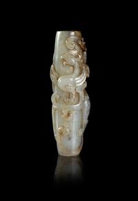 A Black and White Jade ‘Chilong’ Tubular Pendant