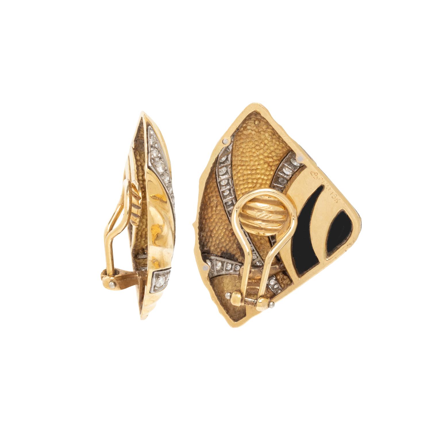 MICHAEL BONDANZA, ONYX AND DIAMOND CLIP EARRINGS