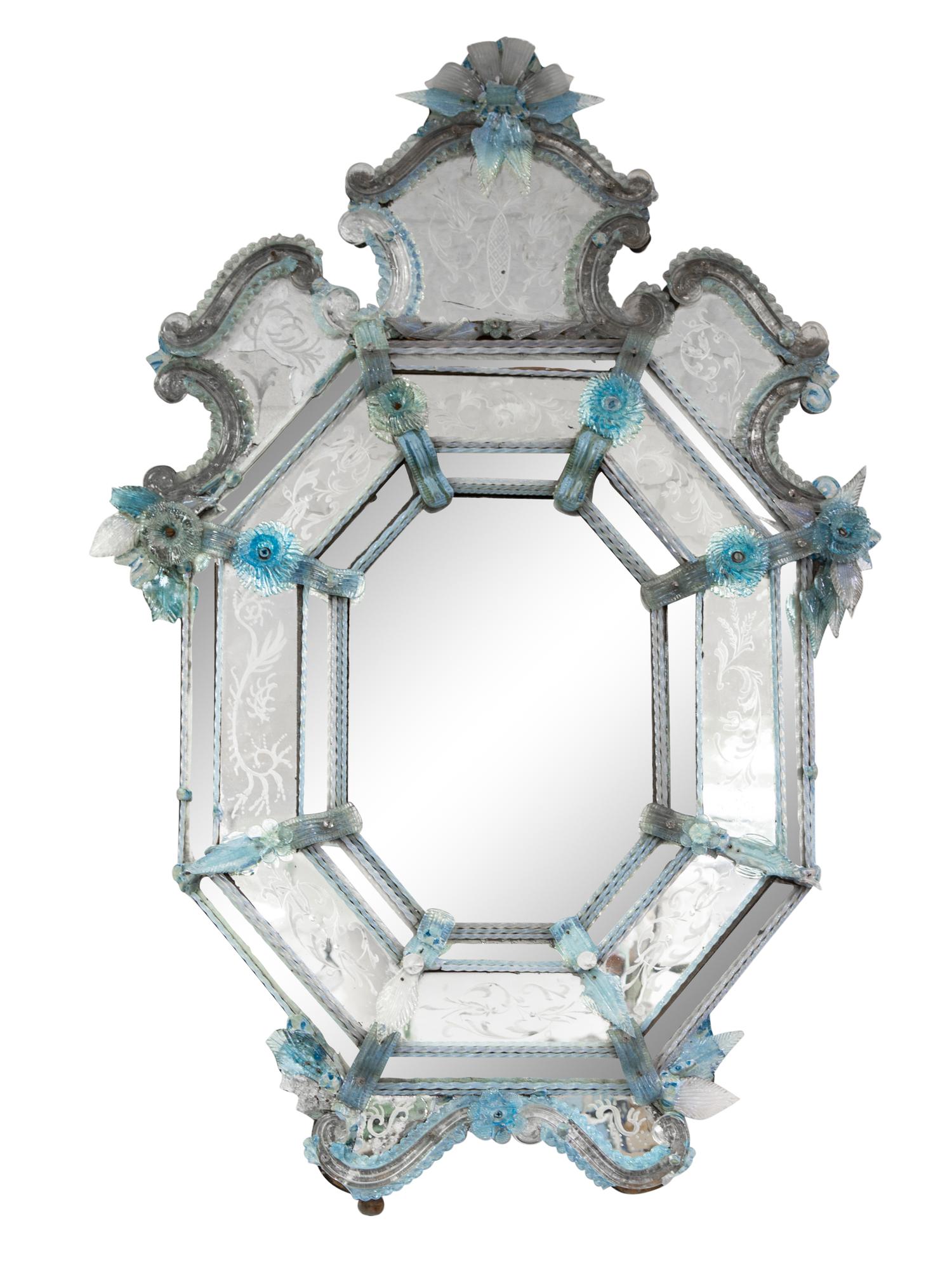 A Venetian Etched Glass and Pale Blue Glass Accented Mirror