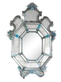 A Venetian Etched Glass and Pale Blue Glass Accented Mirror