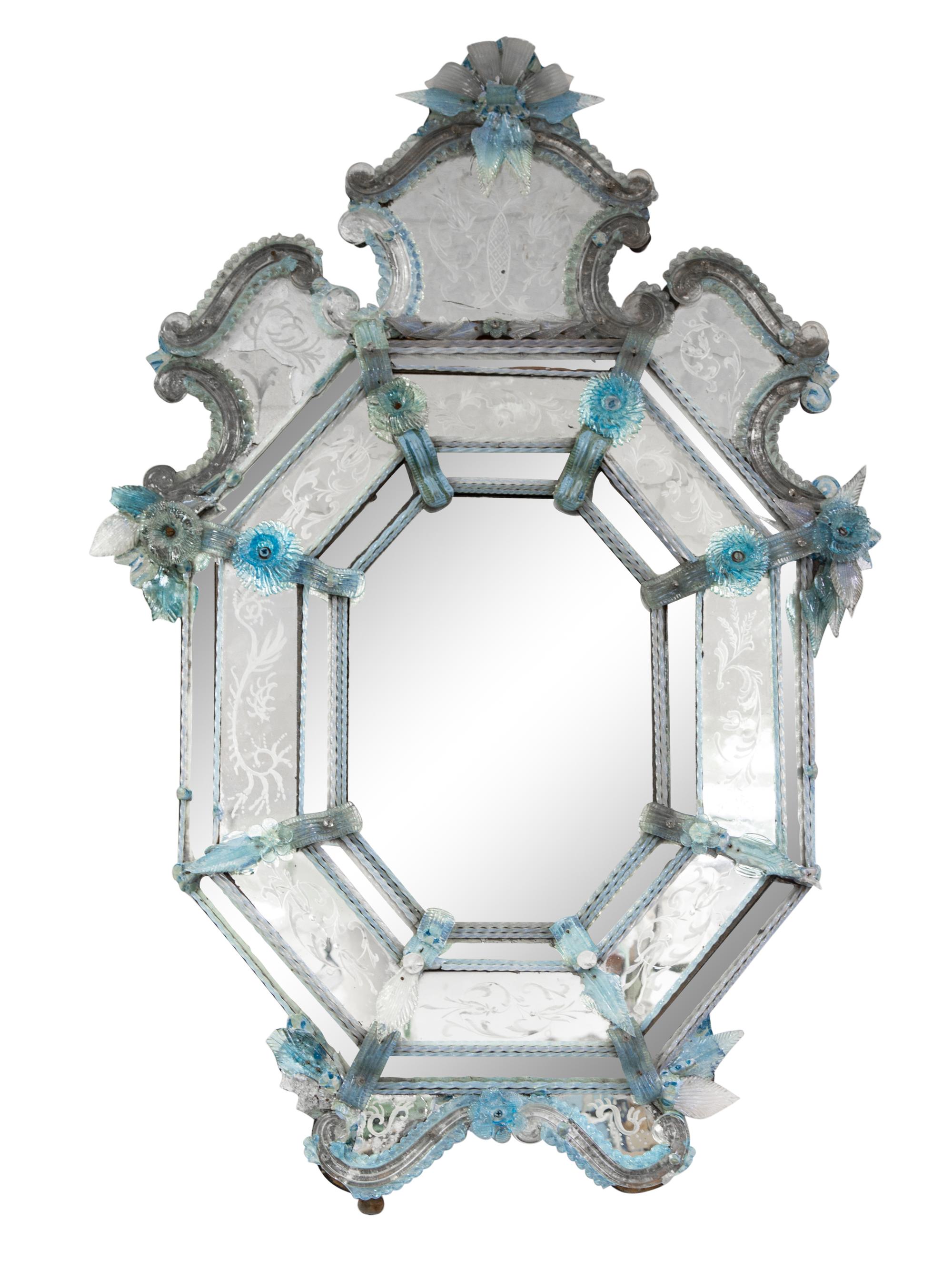 A Venetian Etched Glass and Pale Blue Glass Accented Mirror