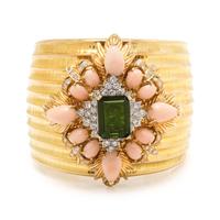 YELLOW GOLD, DIAMOND, GREEN TOURMALINE AND CORAL CUFF BRACELET