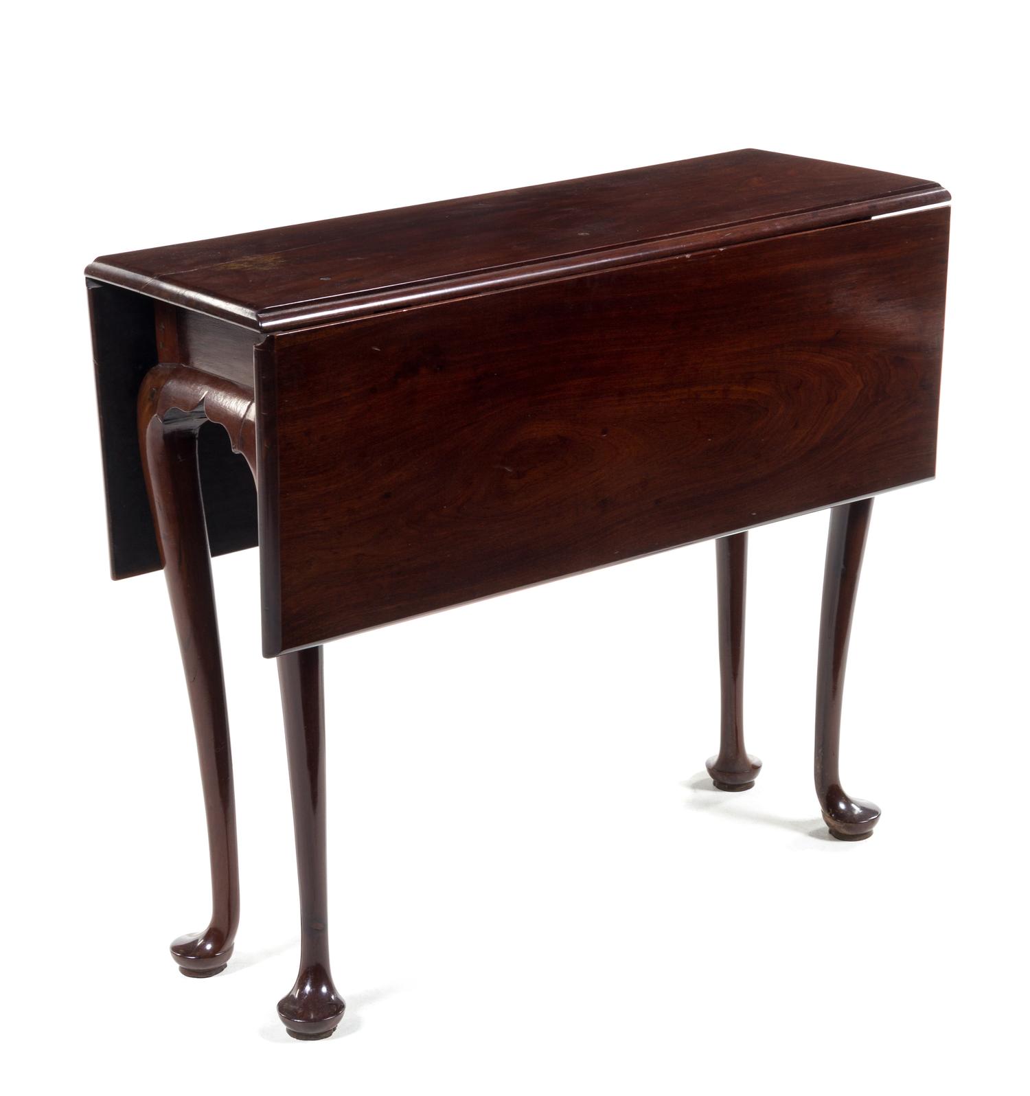 A Queen Anne Walnut Drop-Leaf Table Height 27 1/2 x width 12 (closed) x depth 31 1/4 inches. — 18TH CENTURY