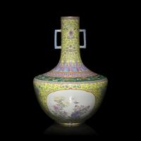 A Chinese Yellow Ground Famille Rose Porcelain 'Floral' Vase, Dated 1947 — 1947年作 ’蔣瓷‘黃地粉彩開光花鳥圖雙耳瓶