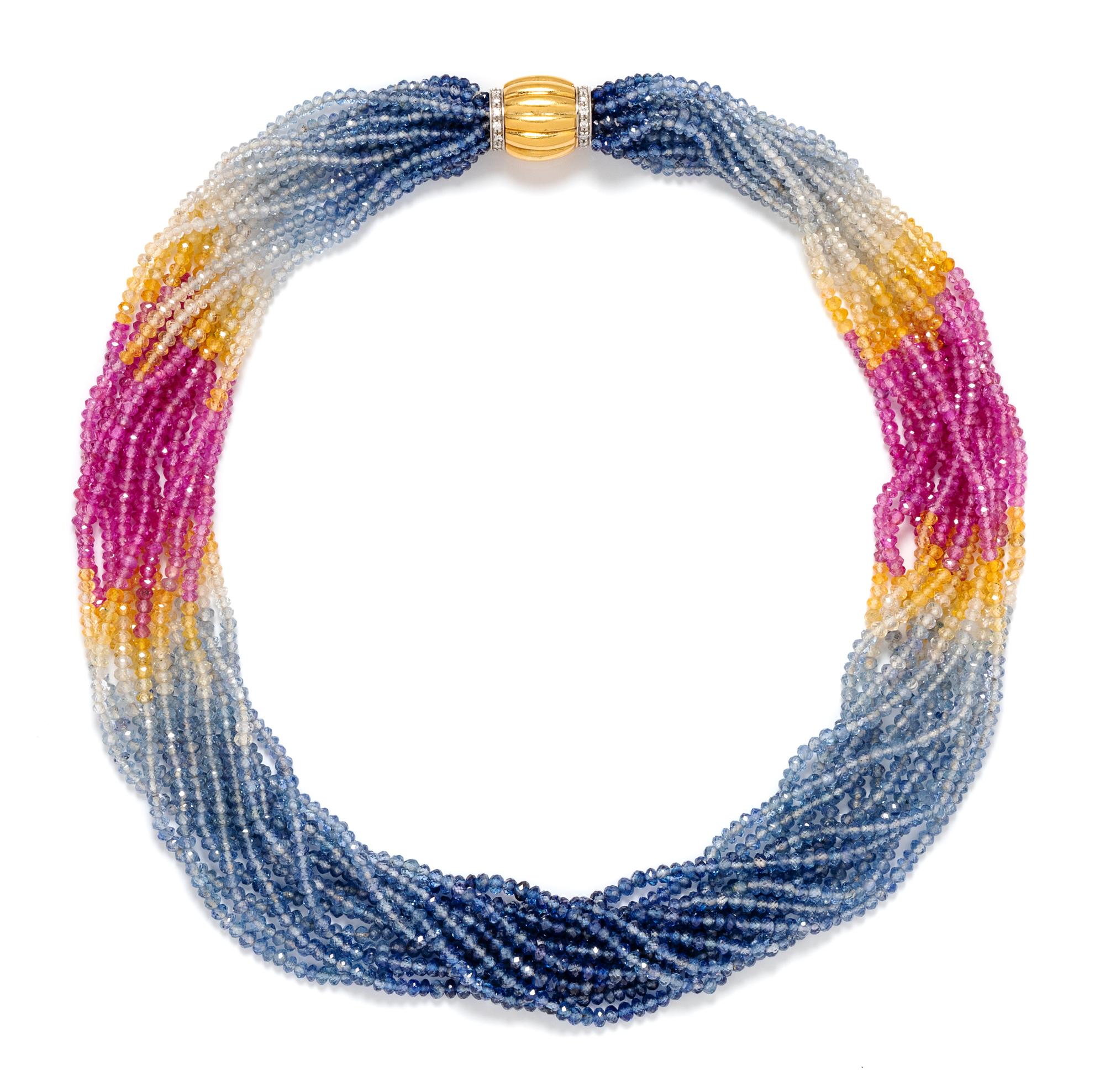 An 18 Karat Yellow Gold, Diamond and Multicolor Sapphire Bead Torsade Necklace, Italian, 66.00 dwts.