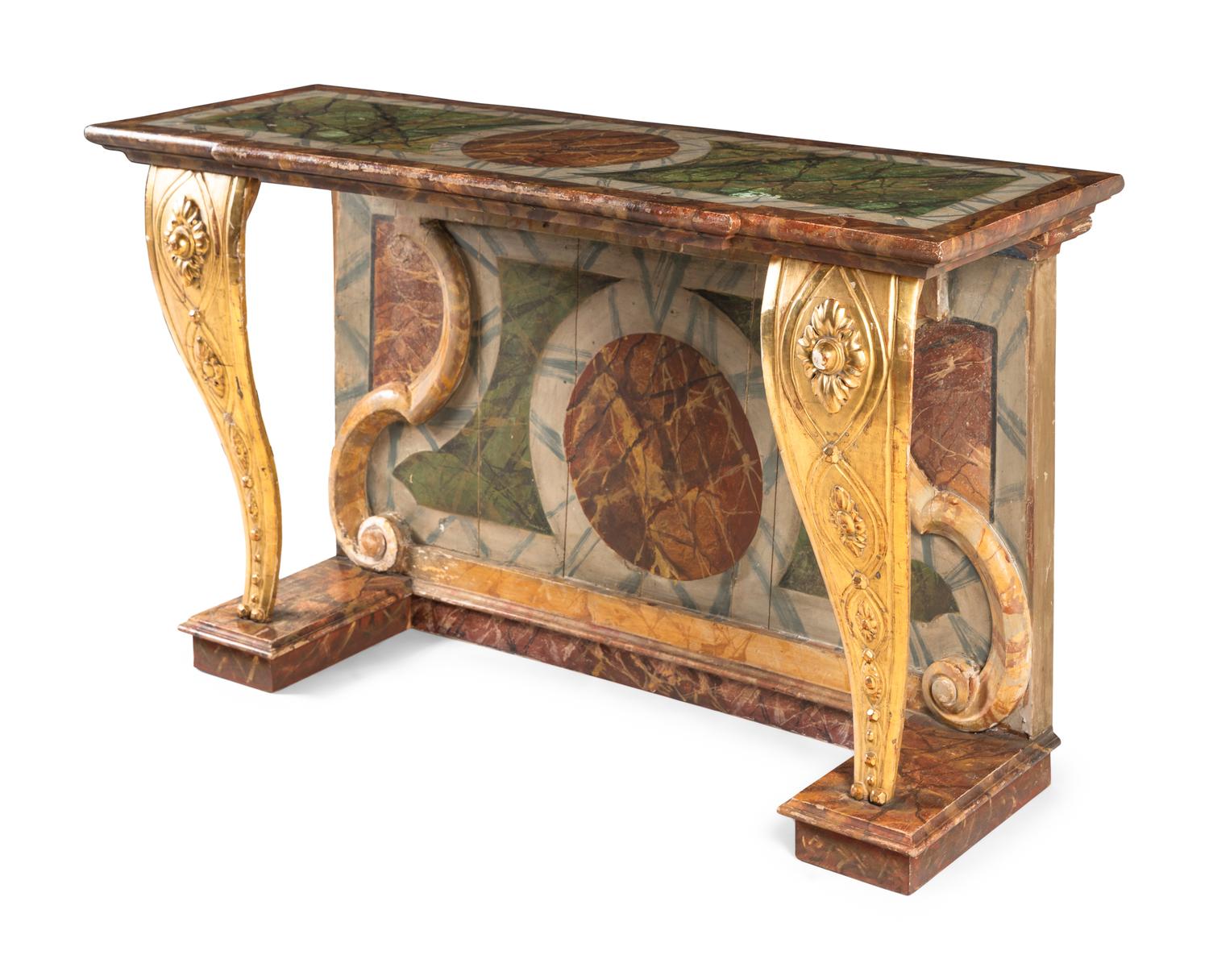 An Italian Parcel Gilt and Faux Marble Painted Console Table