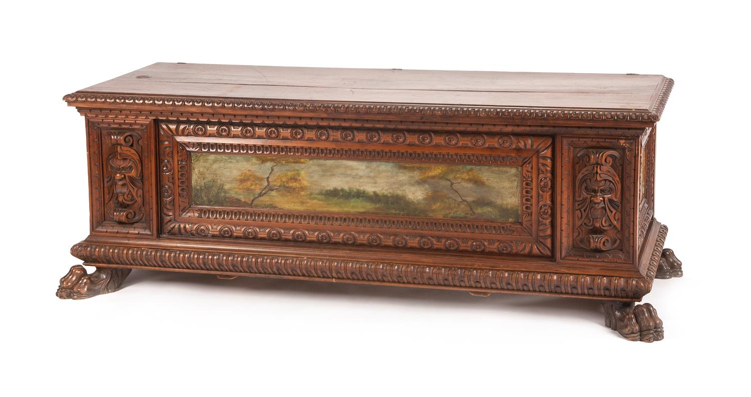 A Renaissance Revival Painted Walnut Cassone Height 24 x width 66 x depth 21 1/4 inches. — ITALIAN, 19TH CENTURY