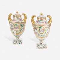 A Pair of Chinese Export Porcelain Famille Rose Pistol-Handled Urns and Covers early 19th century