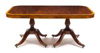 A George III Style Mahogany Double Pedestal Table, Height 29 1/2 x width 96 x depth 48 inches (with two leaves included).