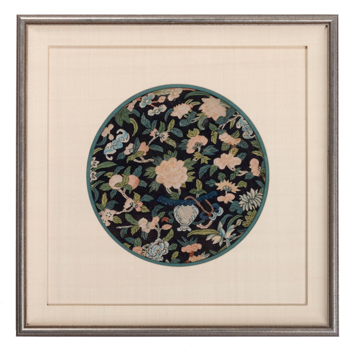 Four Blue Ground Kesi Woven Silk Circular Panels