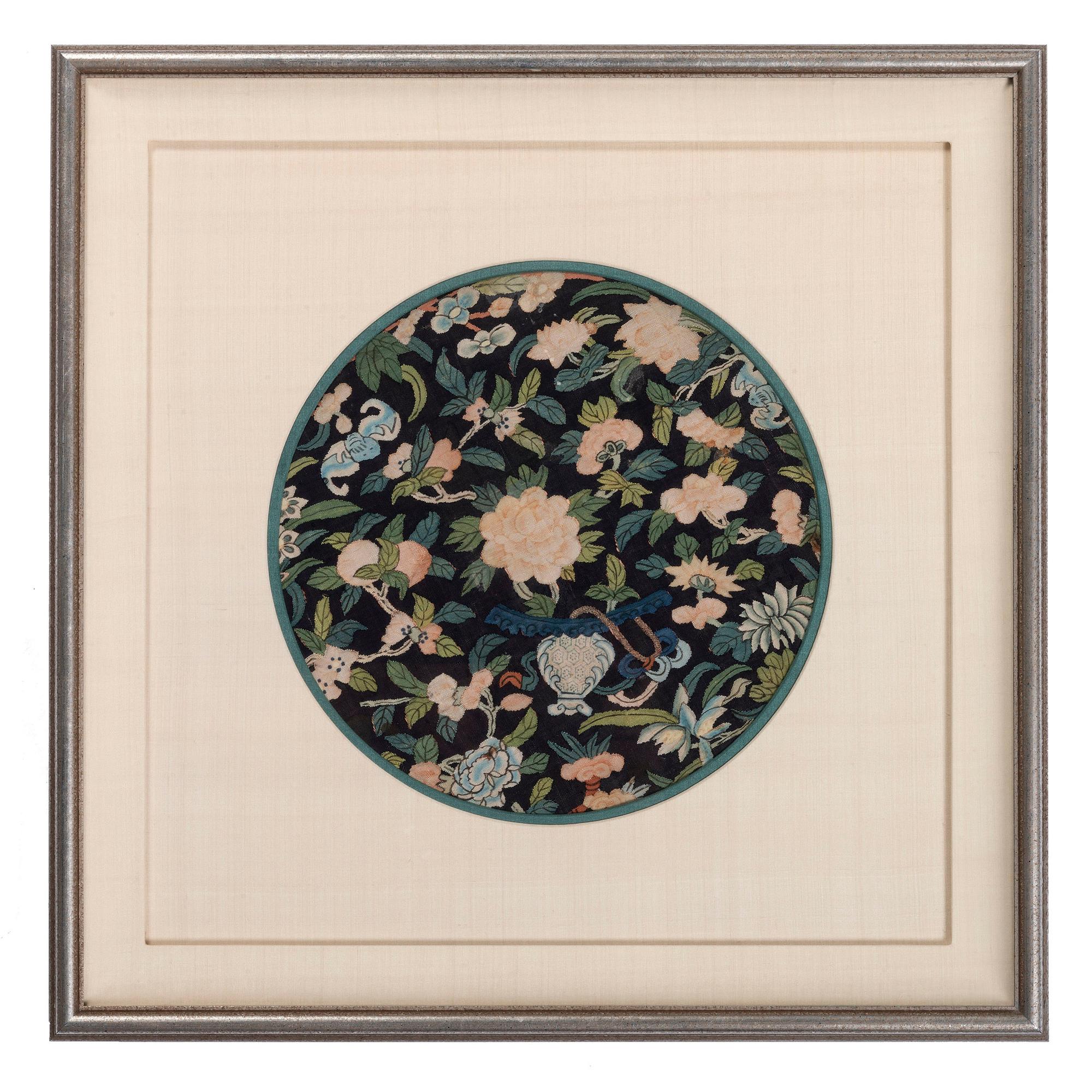 Four Blue Ground Kesi Woven Silk Circular Panels