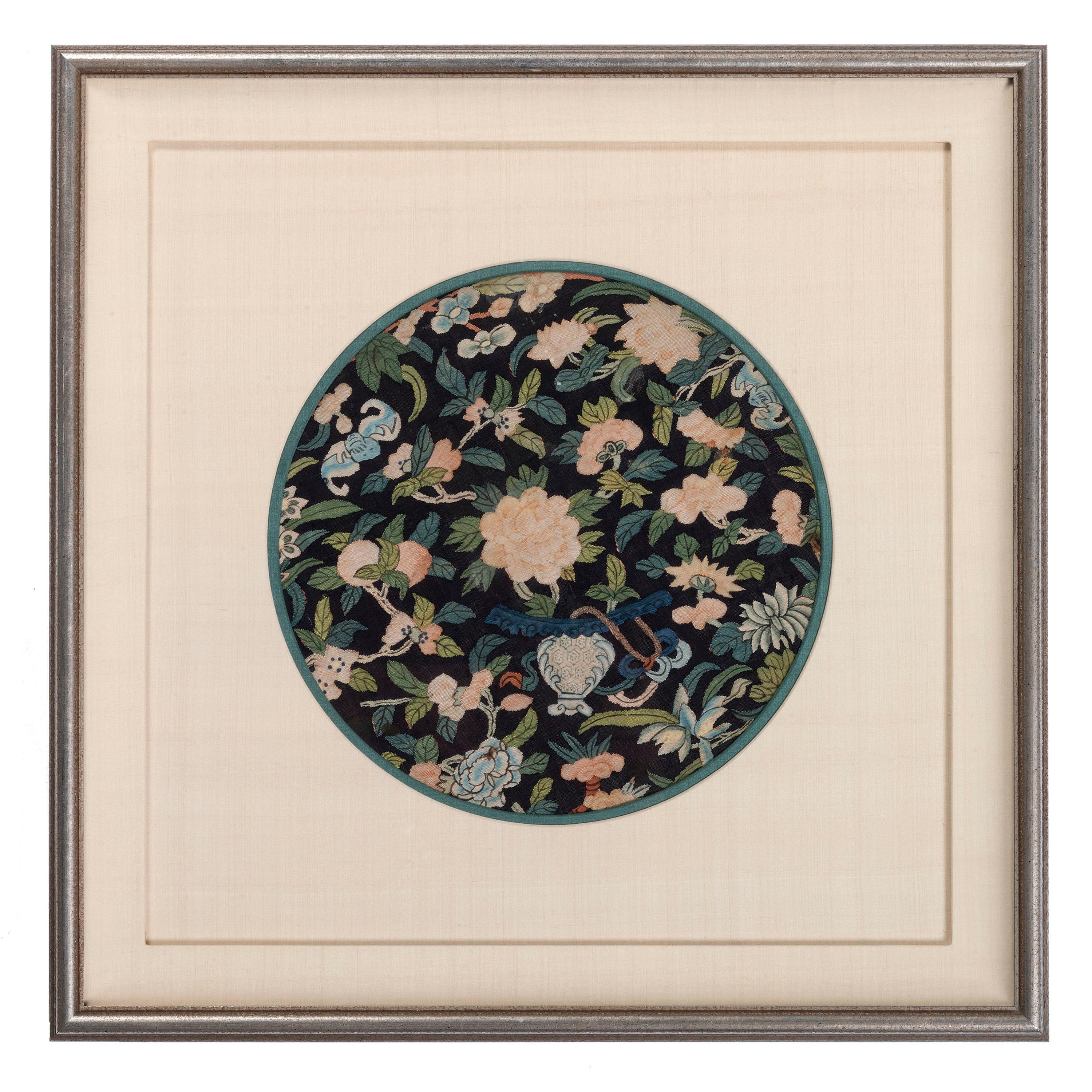 Four Blue Ground Kesi Woven Silk Circular Panels
