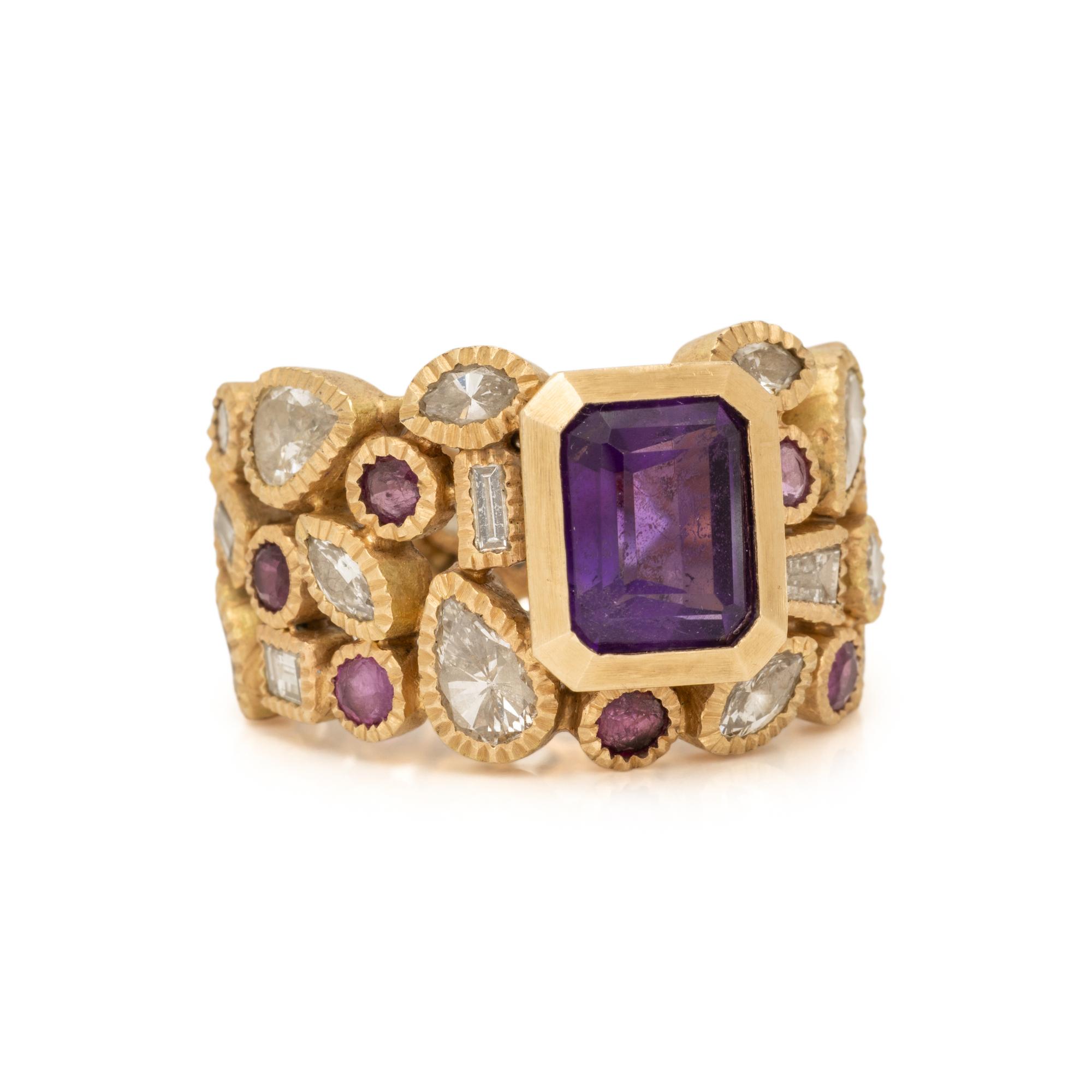 TODD REED, HAND FORGED YELLOW GOLD, DIAMOND, AND MULTIGEM RING