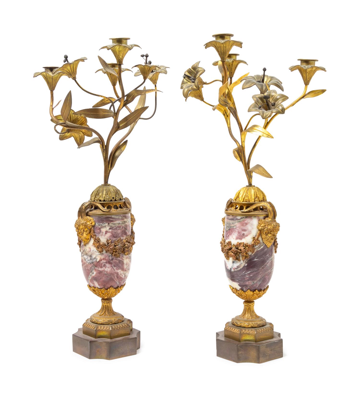 A Pair of Neoclassical Gilt Bronze Mounted Marble Three-Light Candelabra
