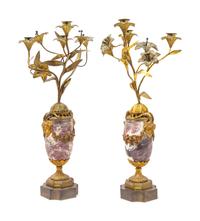 A Pair of Neoclassical Gilt Bronze Mounted Marble Three-Light Candelabra