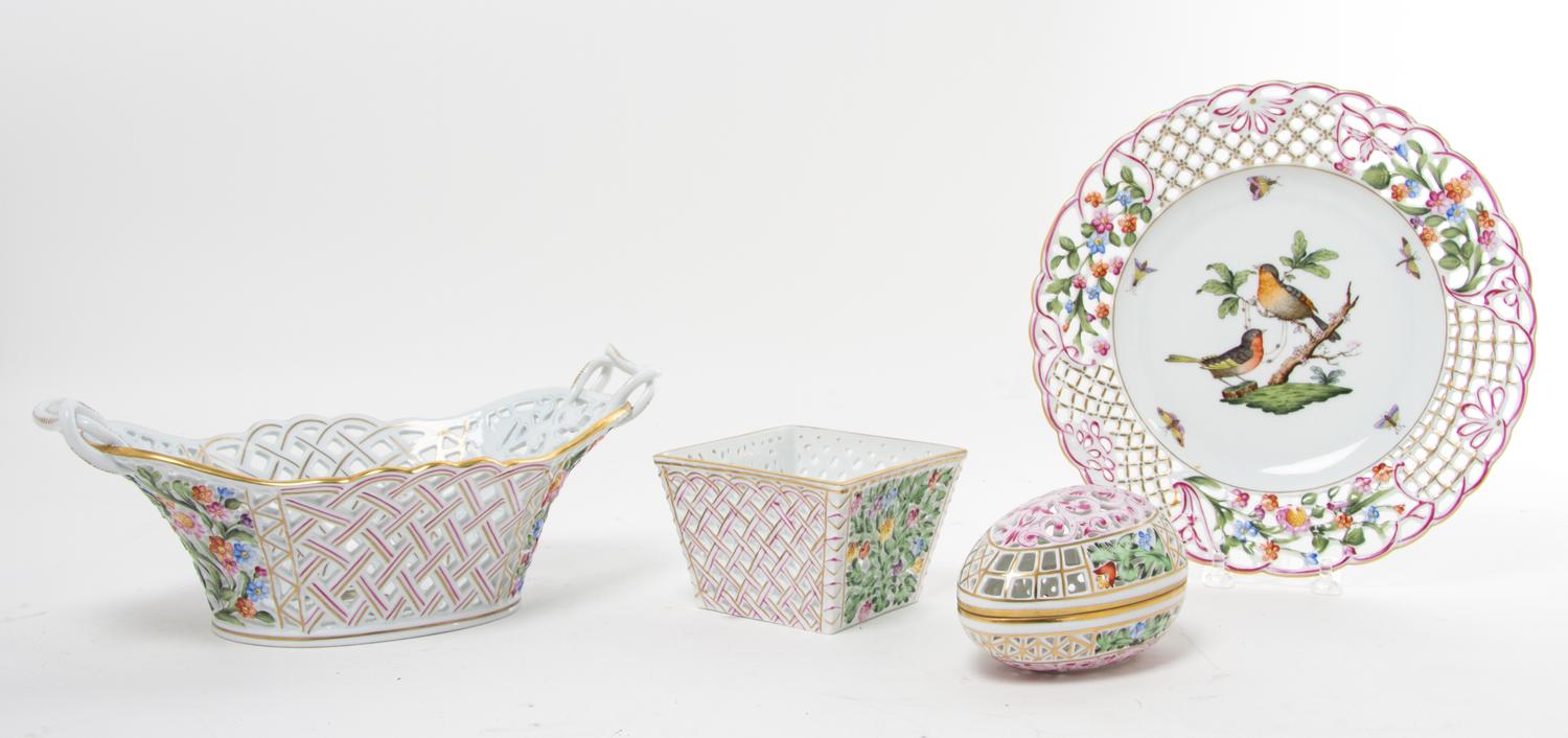 A Group of Herend Reticulated Porcelain Articles Diameter of plate 9 1/2 inches.