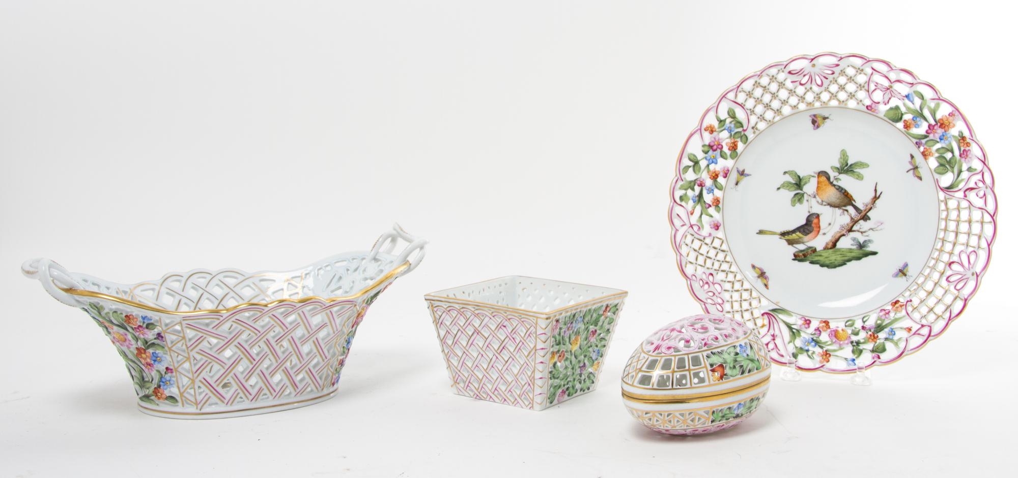 A Group of Herend Reticulated Porcelain Articles Diameter of plate 9 1/2 inches.