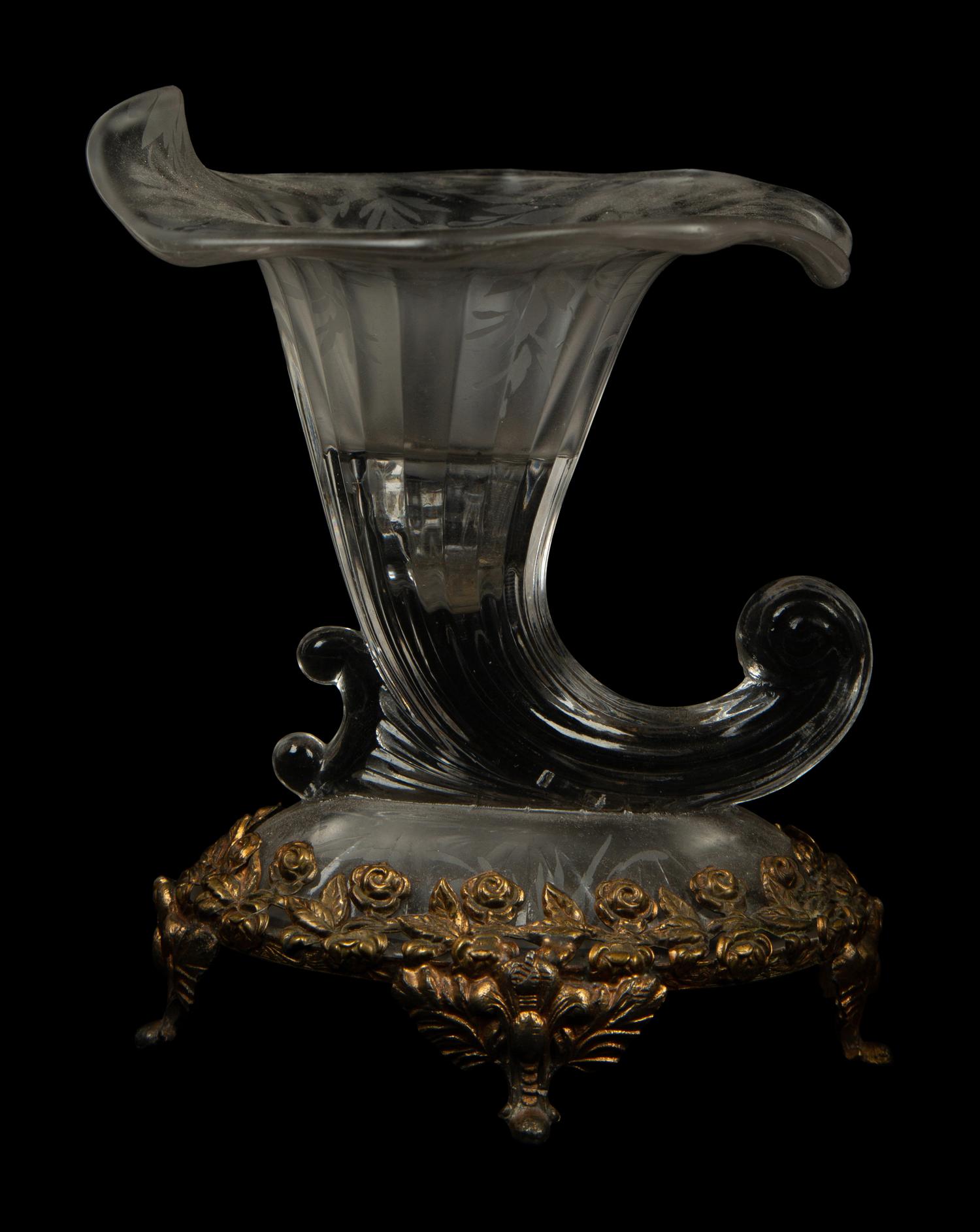A Continental Gilt Metal Mounted Molded Glass Vase and Two Cornucopia Vases — 20TH CENTURY