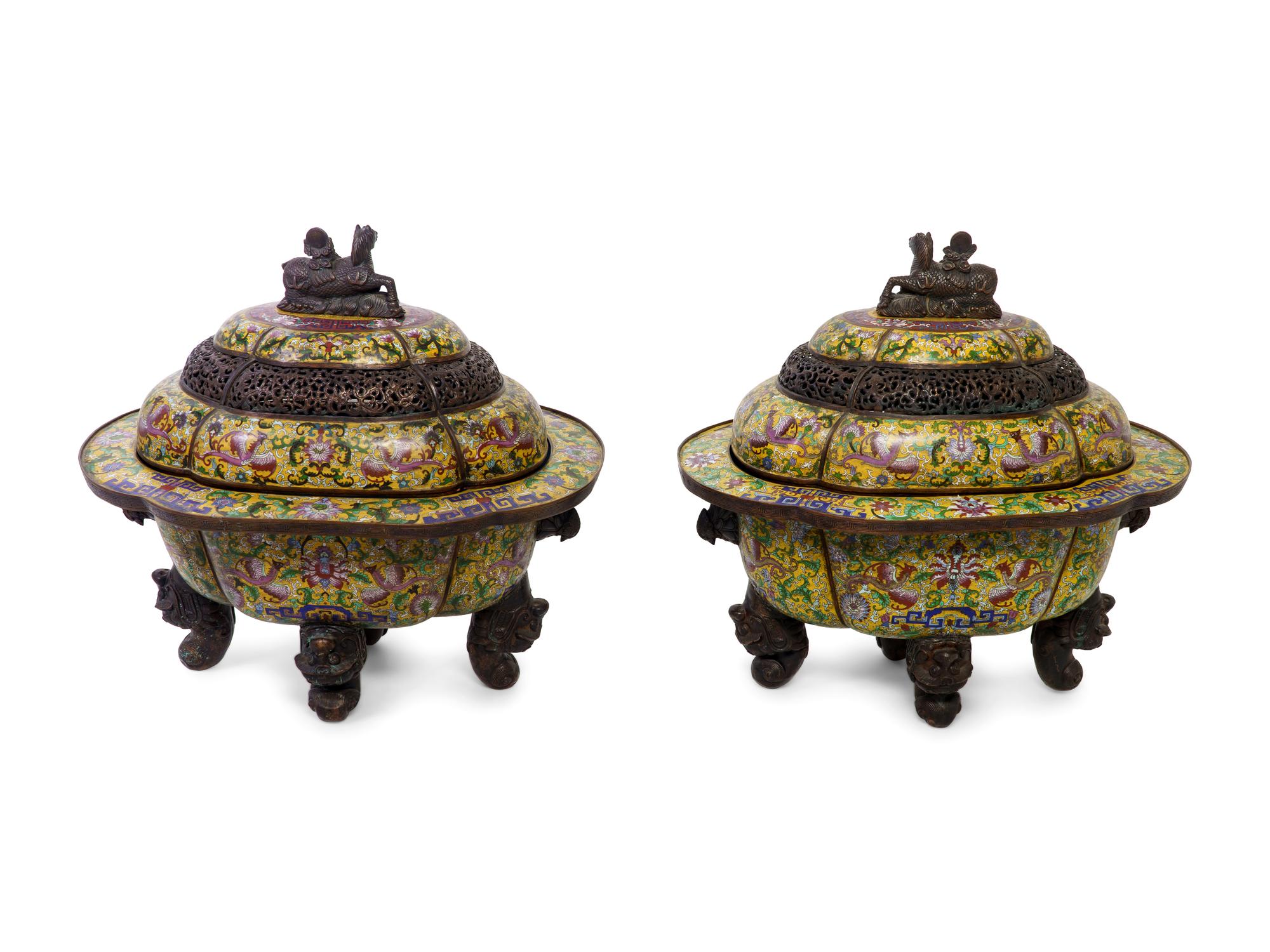 A Pair of Large Cloisonné Enamel Incense Burners
