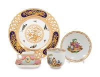 Two English Porcelain Teacup and Saucer Sets and a Coalport Porcelain Plate