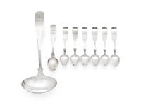 A Group of Eight Coin Silver Fiddle-Back Serving Articles