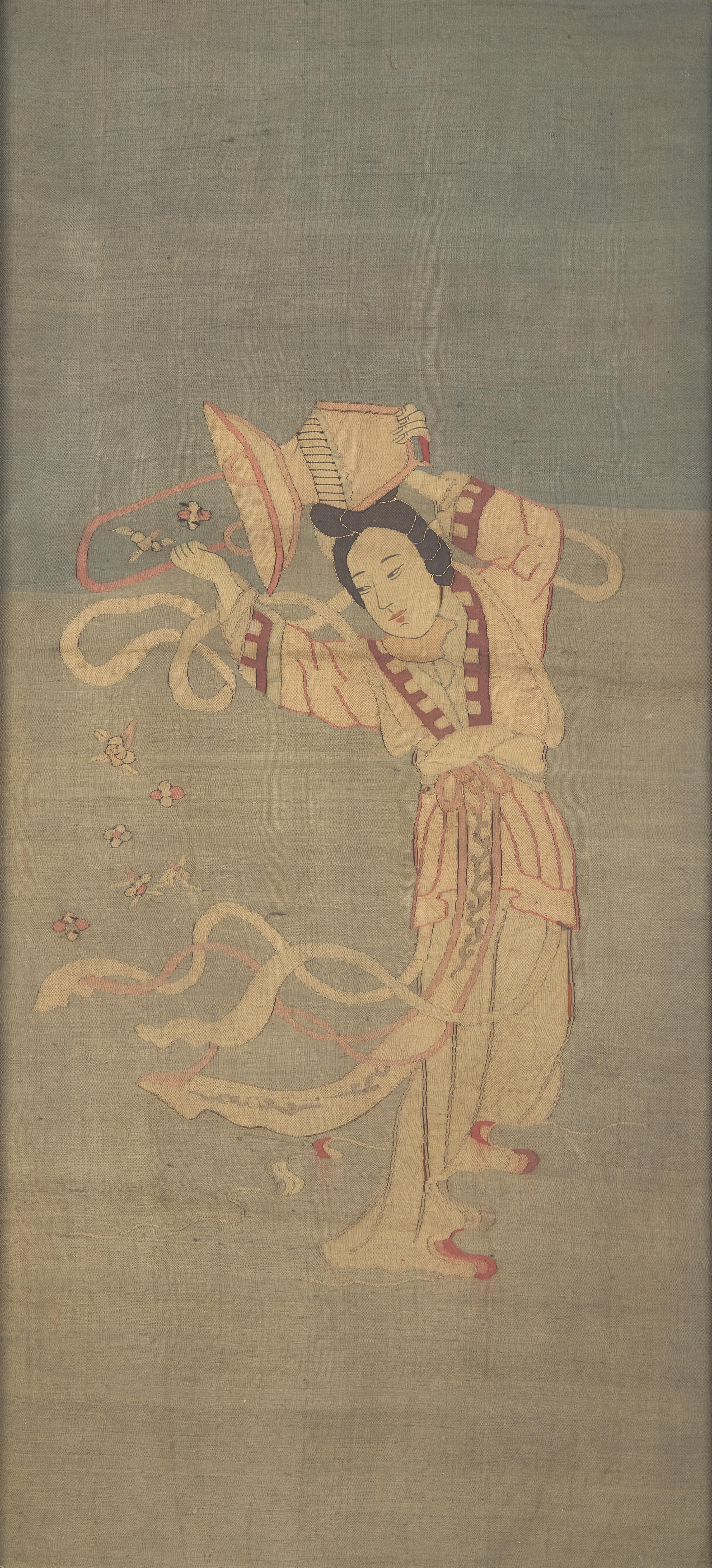 A Chinese Kesi Tapestry Panel of a Female Immortal Scattering a Basket of Flowers, Late Qing Dynasty 清晚期 緙絲天女散花挂屏