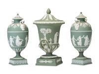 Three Wedgwood Green Jasperware Urns
