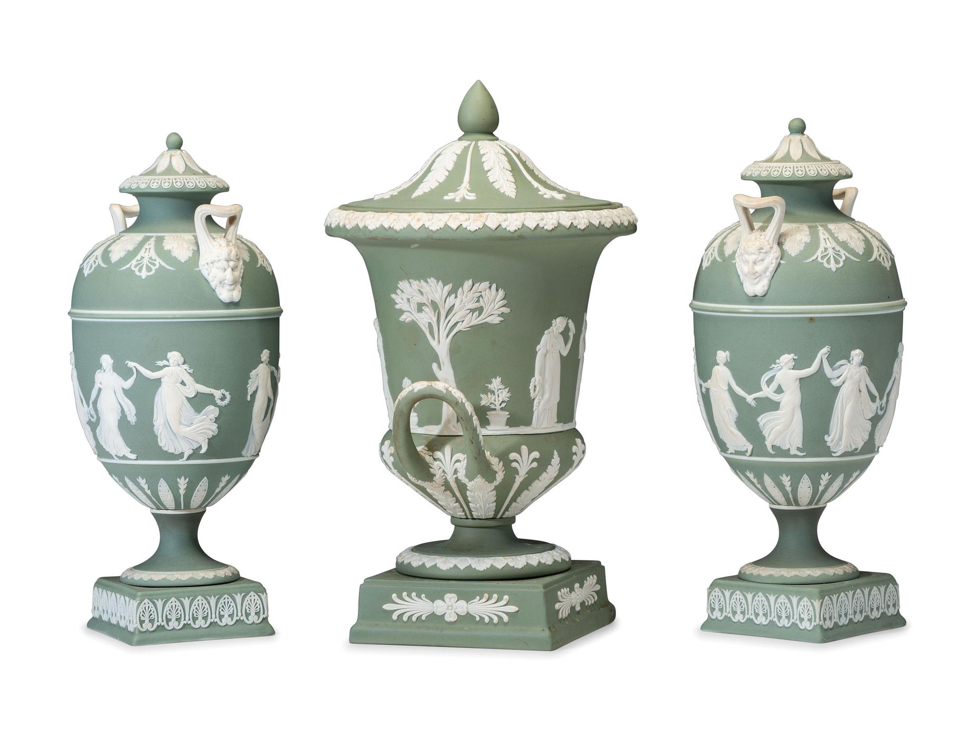 Three Wedgwood Green Jasperware Urns