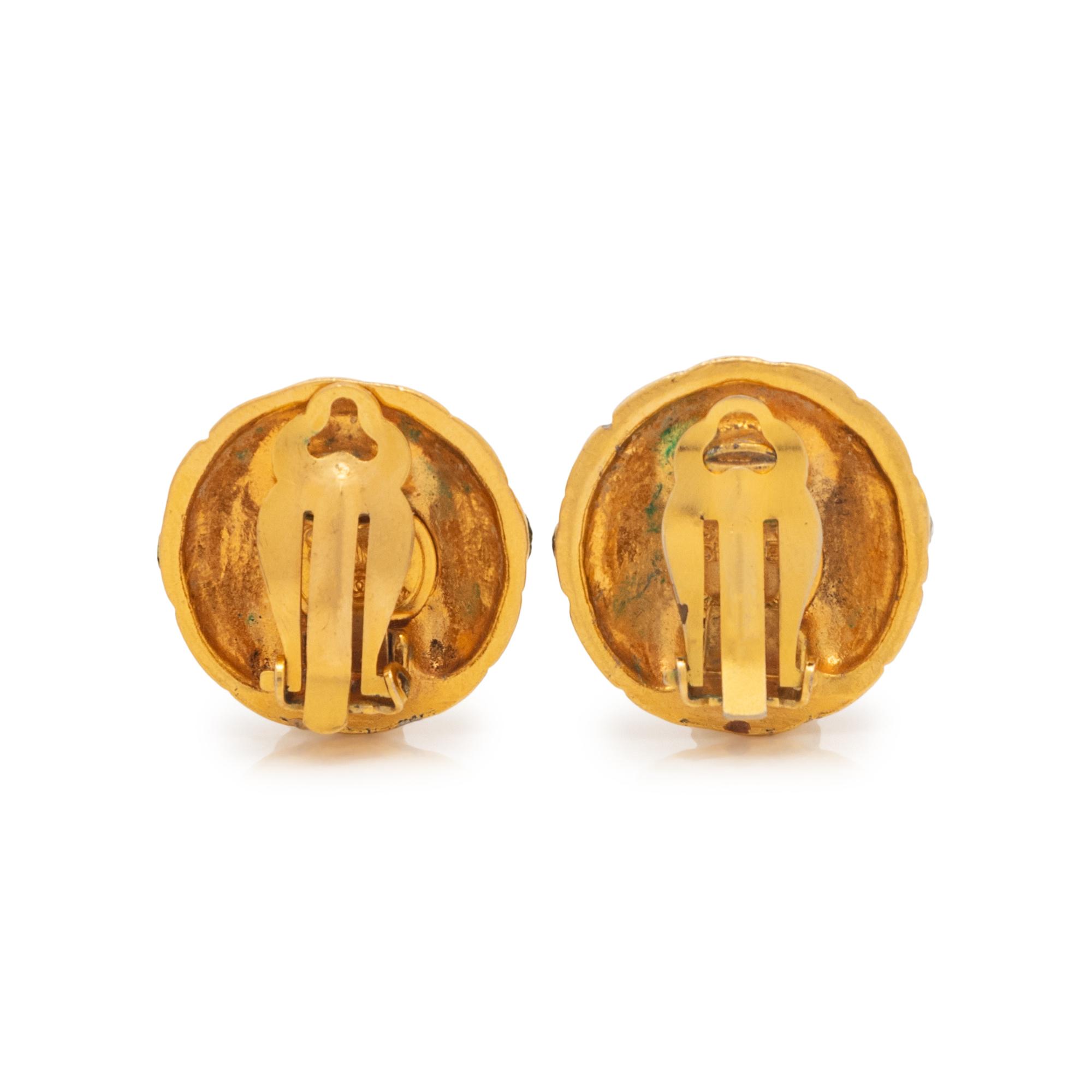 Chanel Gold-Tone Quilted Ear Clips with Rhinestones