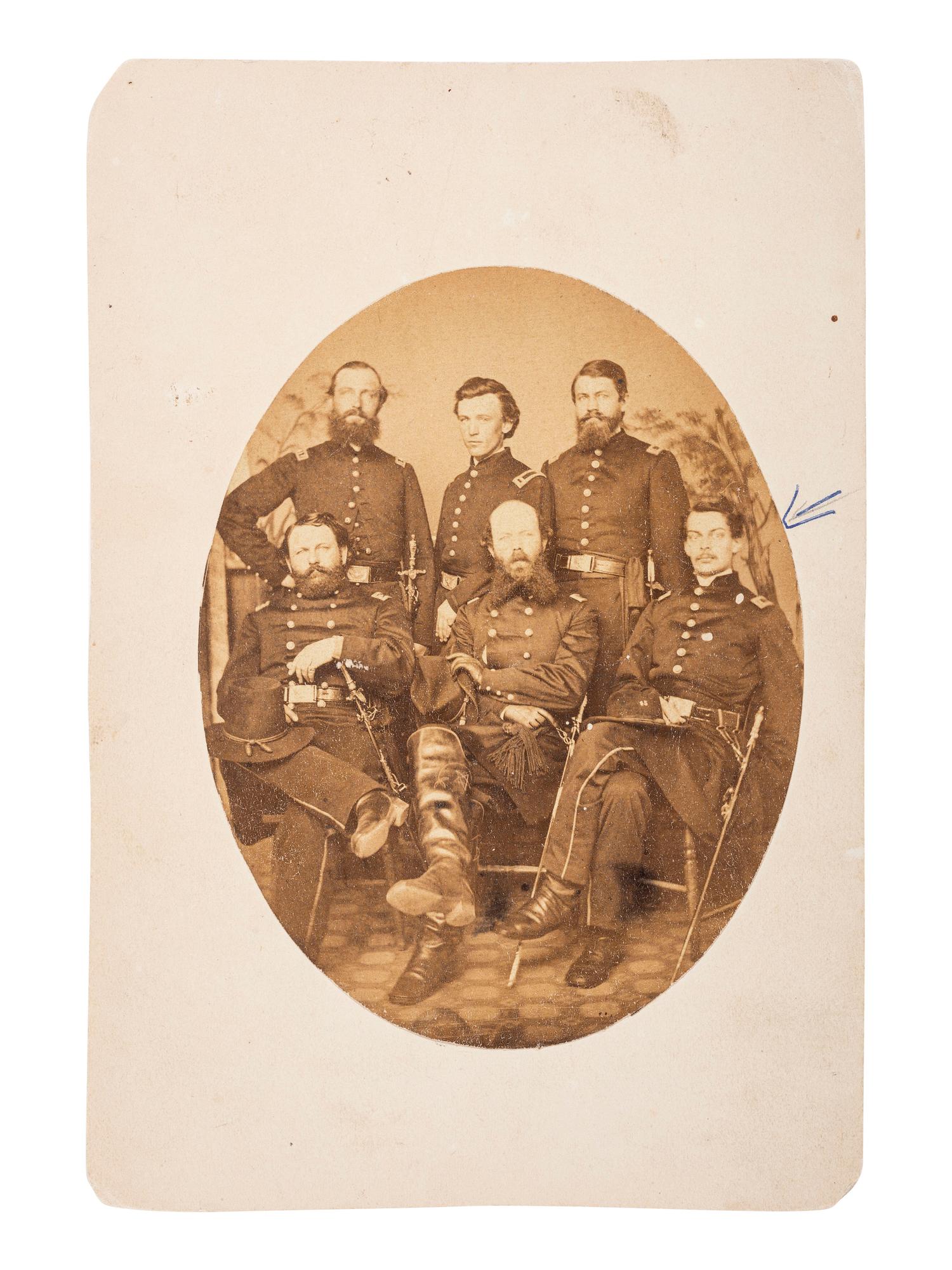 [CIVIL WAR]. Albumen photograph of a group of officers, likely of the 45th Massachusetts Infantry, incl. Surgeon Joshua B. Treadwell, who also served in the 54th Massachusetts Infantry (USCT). New Berne, NC, April 1863.