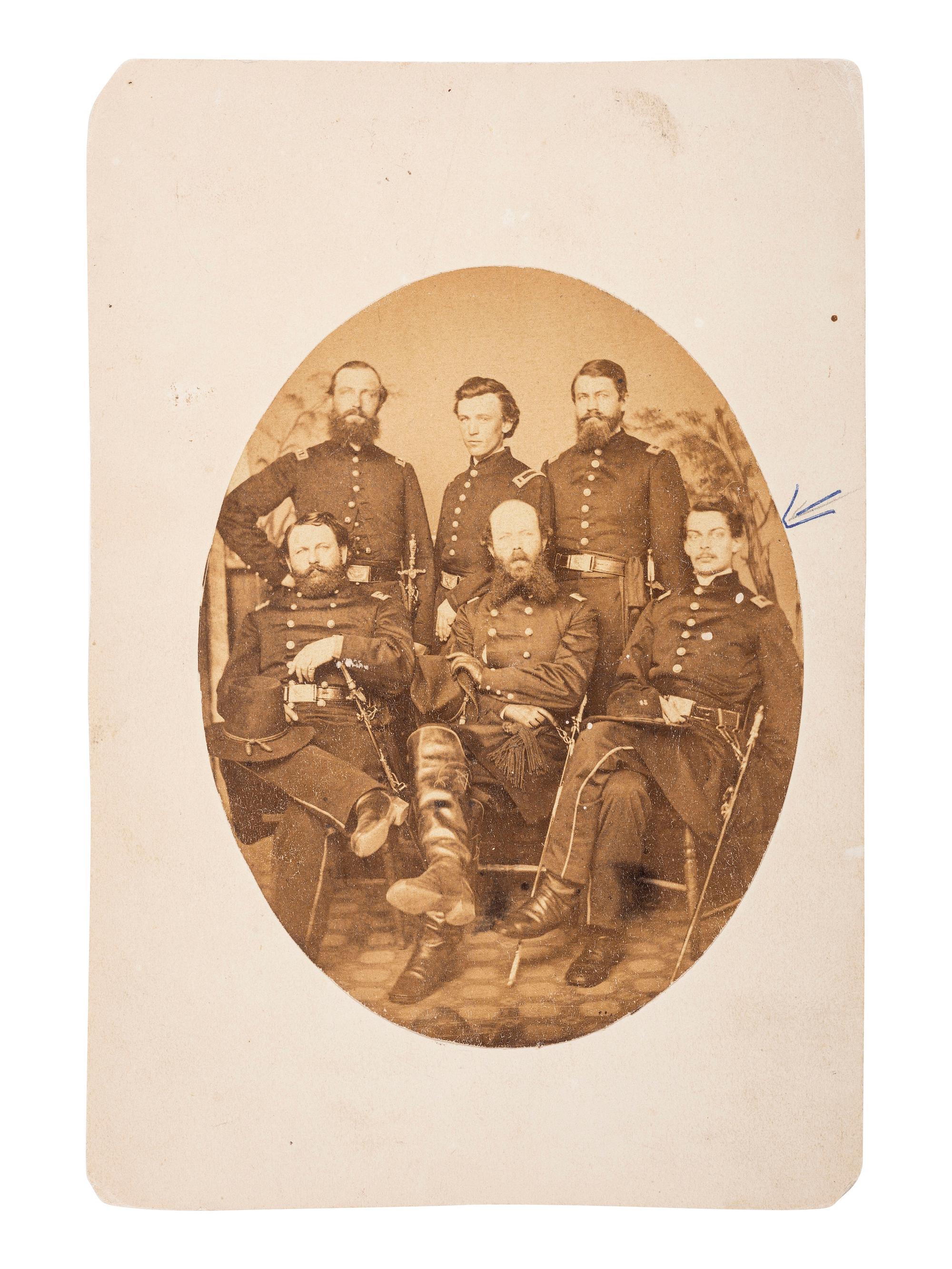[CIVIL WAR]. Albumen photograph of a group of officers, likely of the 45th Massachusetts Infantry, incl. Surgeon Joshua B. Treadwell, who also served in the 54th Massachusetts Infantry (USCT). New Berne, NC, April 1863.