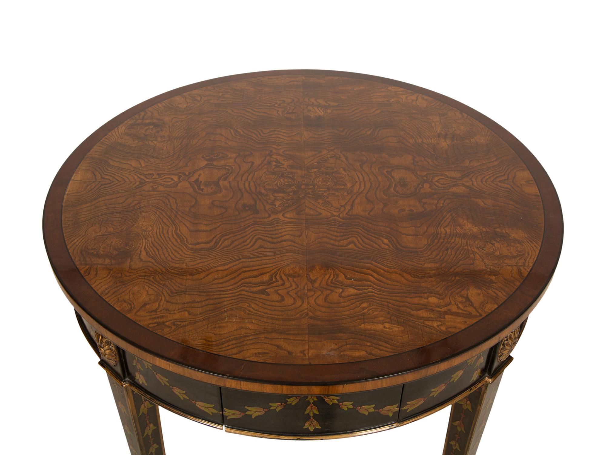 A Pair of Adam Style Burl Wood, Painted and Parcel Gilt Circular Tables